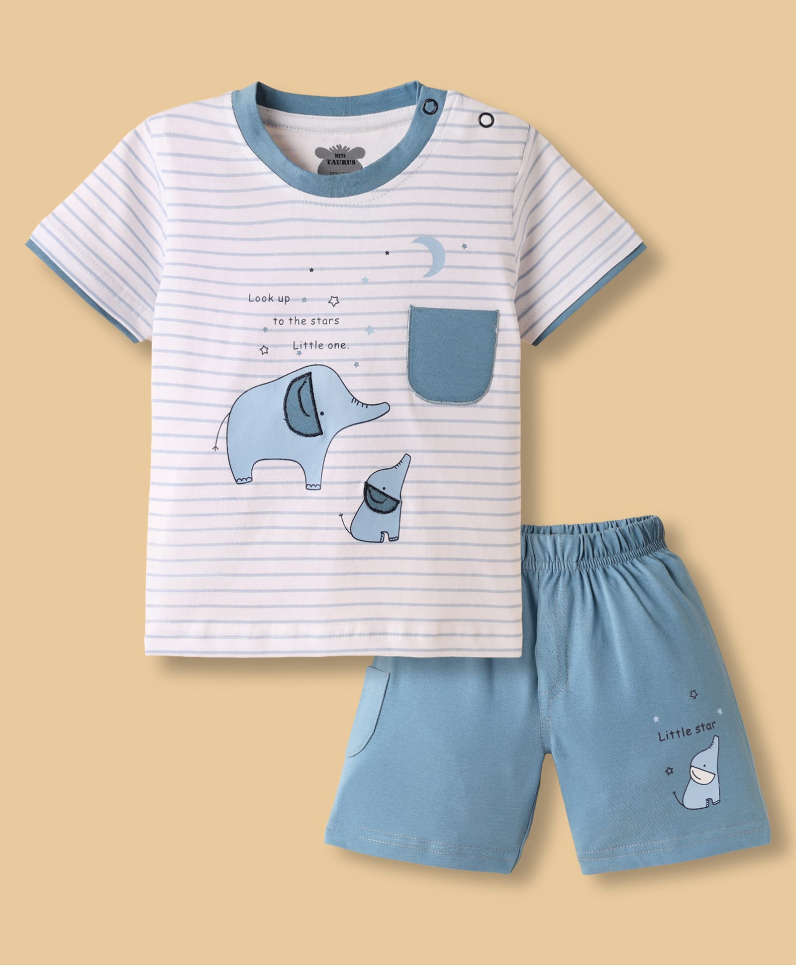Mini Taurus Sinker Knit Half Sleeves T-Shirt & Shorts Night Suit with Elephant Print - Teal Blue-picture-18