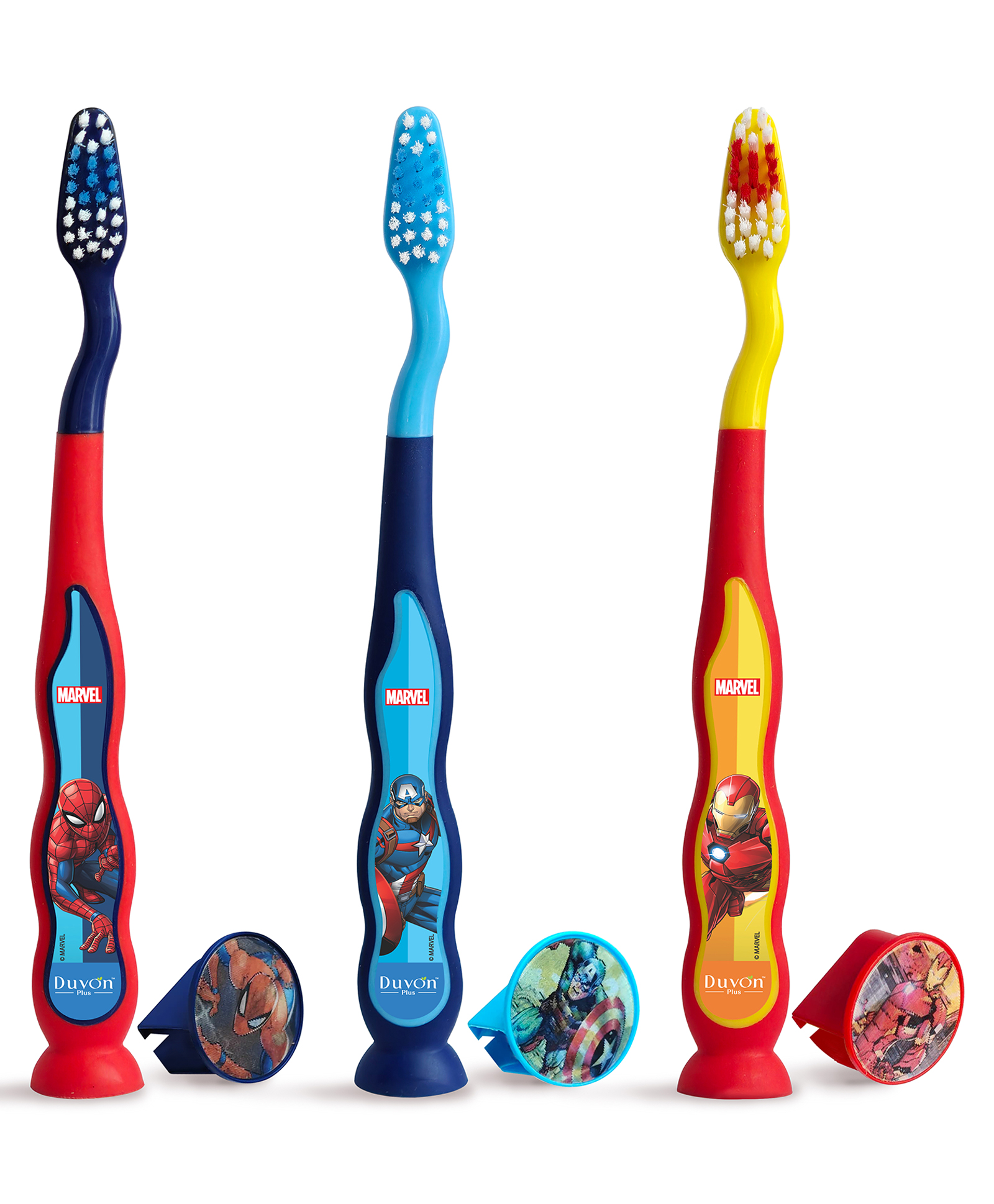 Duvon Plus Kids Toothbrush Set of 3 with Hygiene Cap | Spiderman, Iron Man & Captain America | Soft Bristles | Gentle for Kids Age 3+-image-7