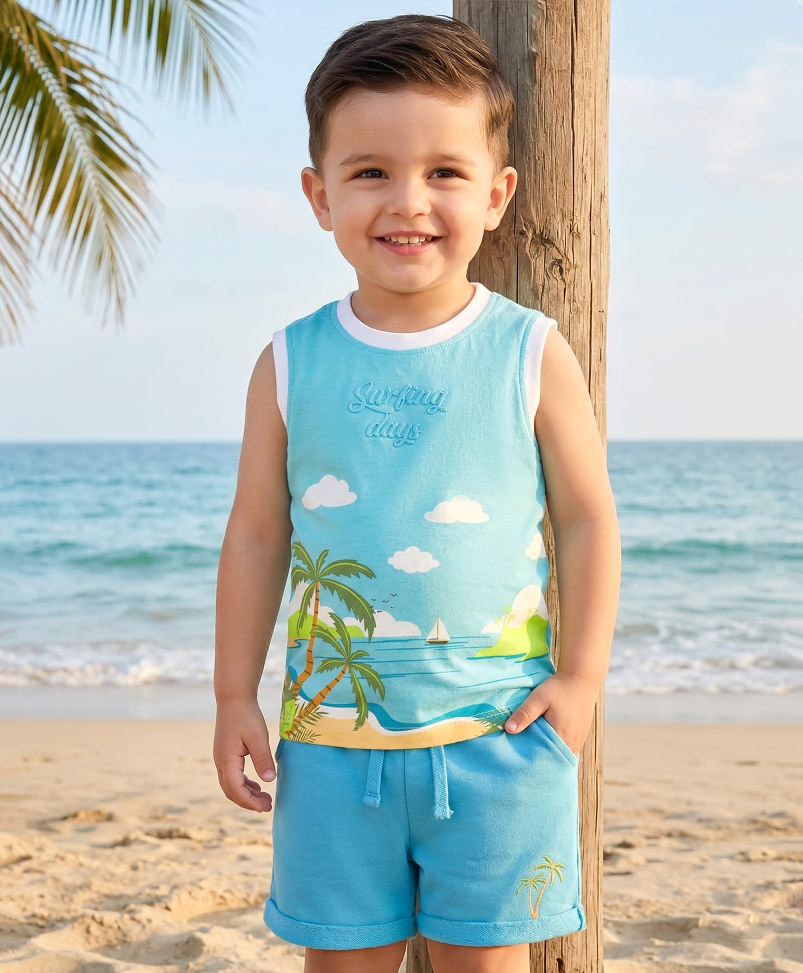 Babyhug Single Jersey Knit Sleeveless T-Shirt & Shorts Set with Beach Theme Print - Blue-picture-12
