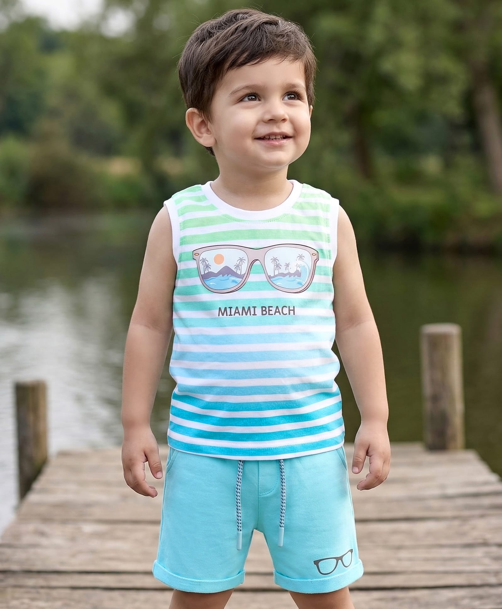 Babyhug 100% Cotton Knit Sleeveless Striped & Beach Theme Printed Tank T-Shirt & Shorts Set - Multicolour-image-45