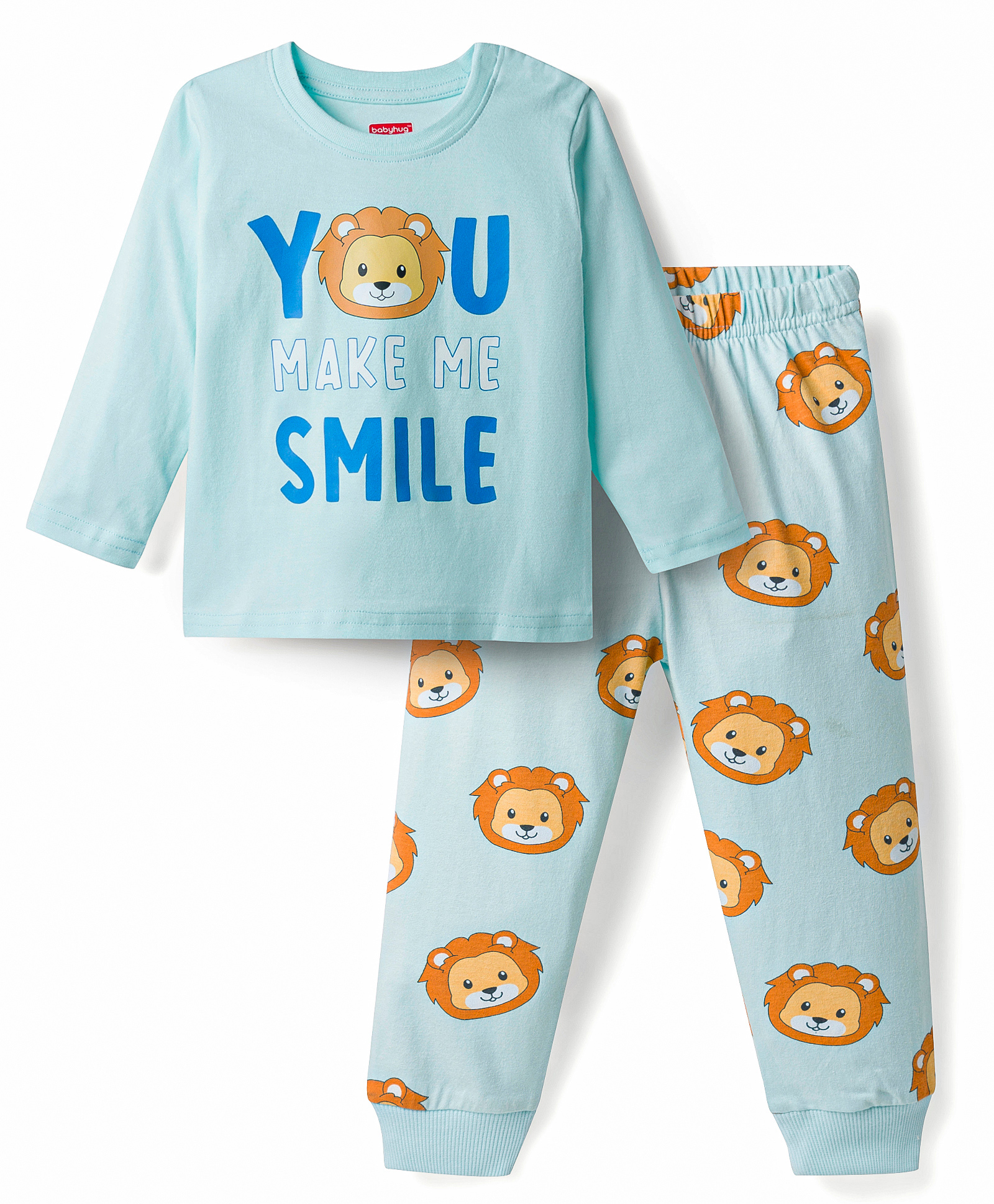 Babyhug Cotton Knit Full Sleeves Lion Printed T-Shirt & Pyjama Night Suit- Light Blue-image-48