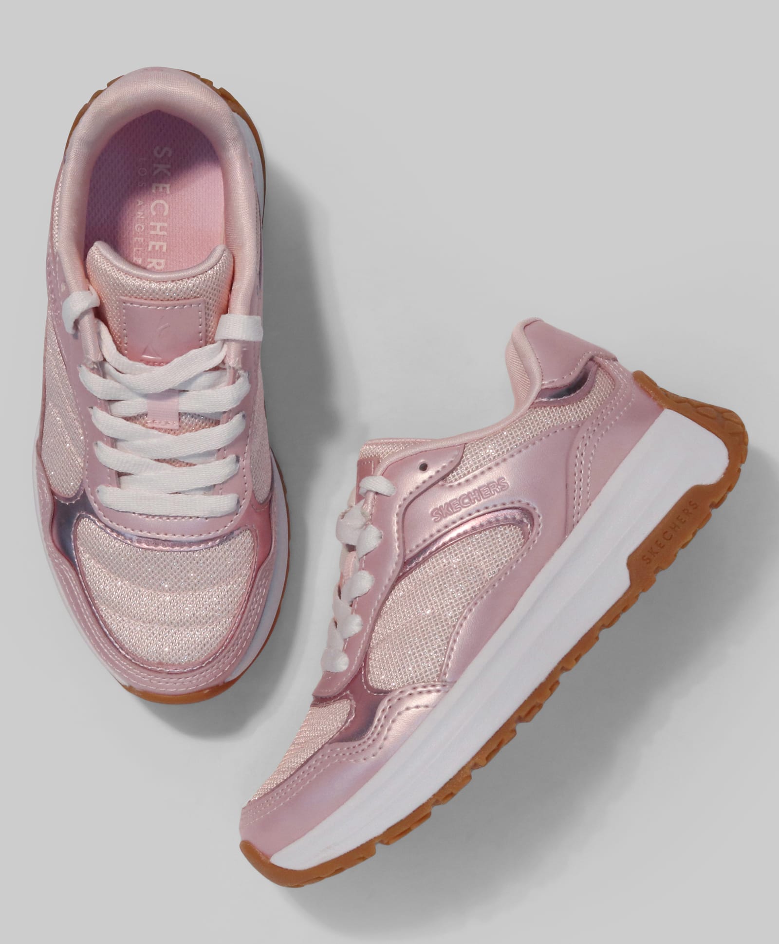Skechers Mesh Lace Up Casual Shoes With Glitter Print - Rose Gold-image-40