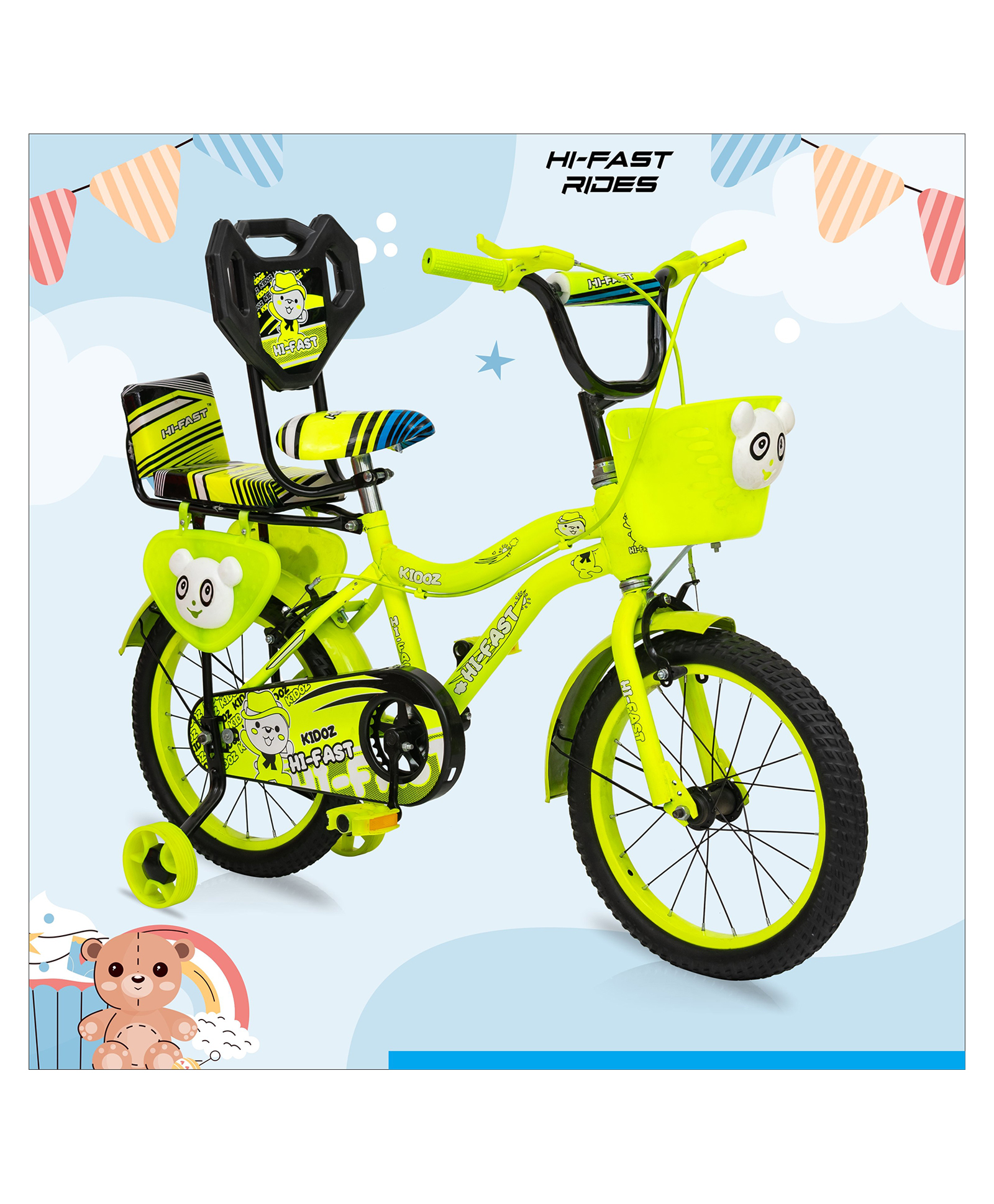 Hi-Fast 16 inch Kids Cycle for Boys & Girls 4 to 7 Years with Back Seat, Green