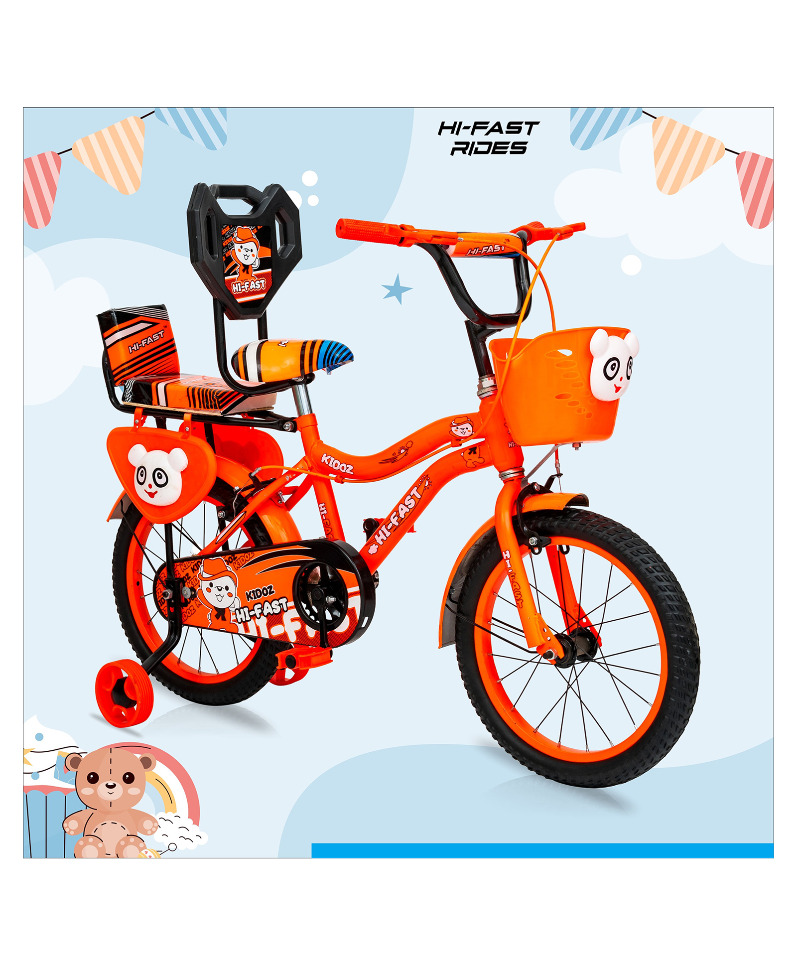 Hi-Fast 16 inch Kids Cycle for Boys & Girls 4 to 7 Years with Back Seat, Orange