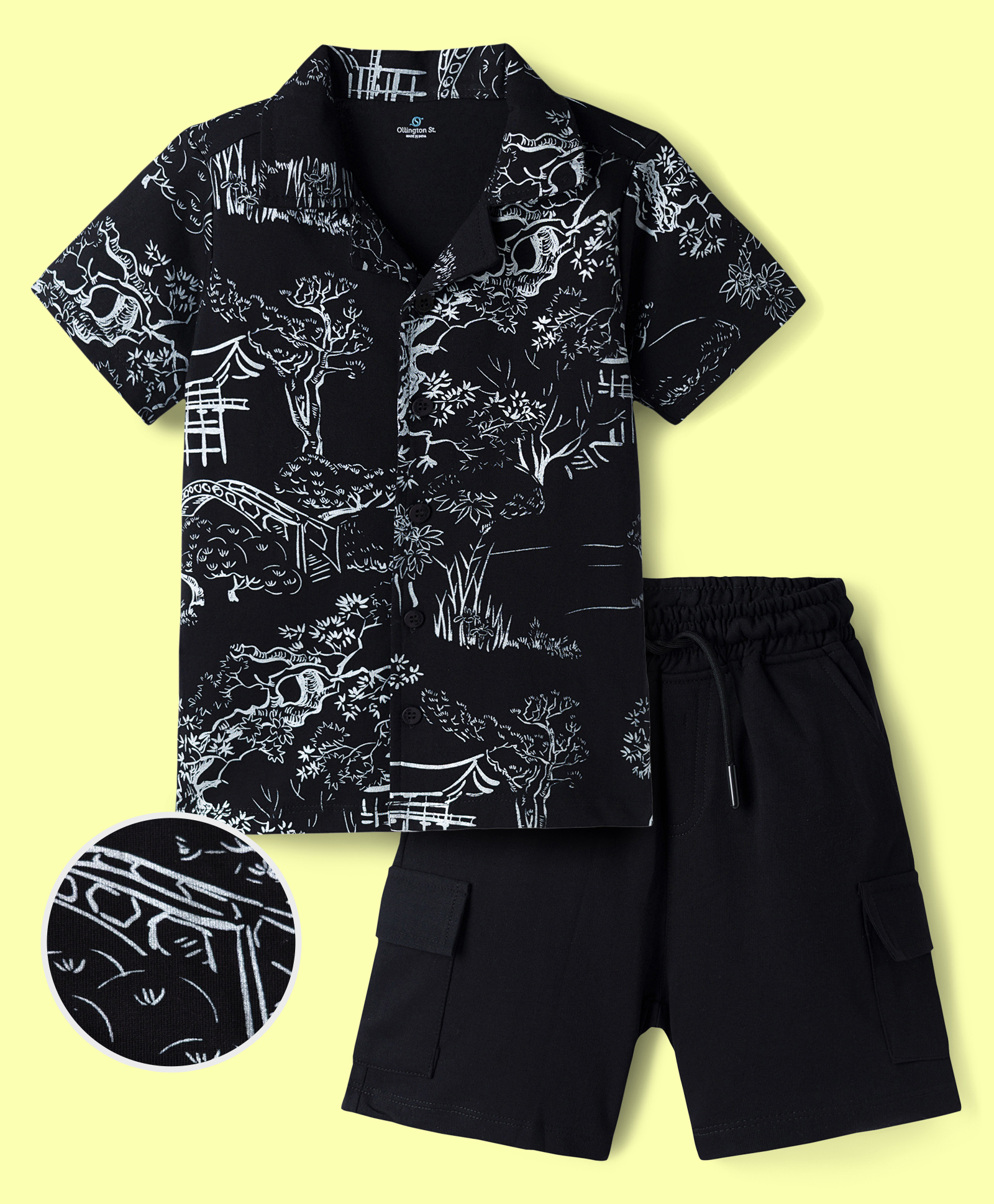 OLLINGTON ST. Sinker Knit Half Sleeves Shirt & Shorts Set With Tropical Theme - Black-picture-11