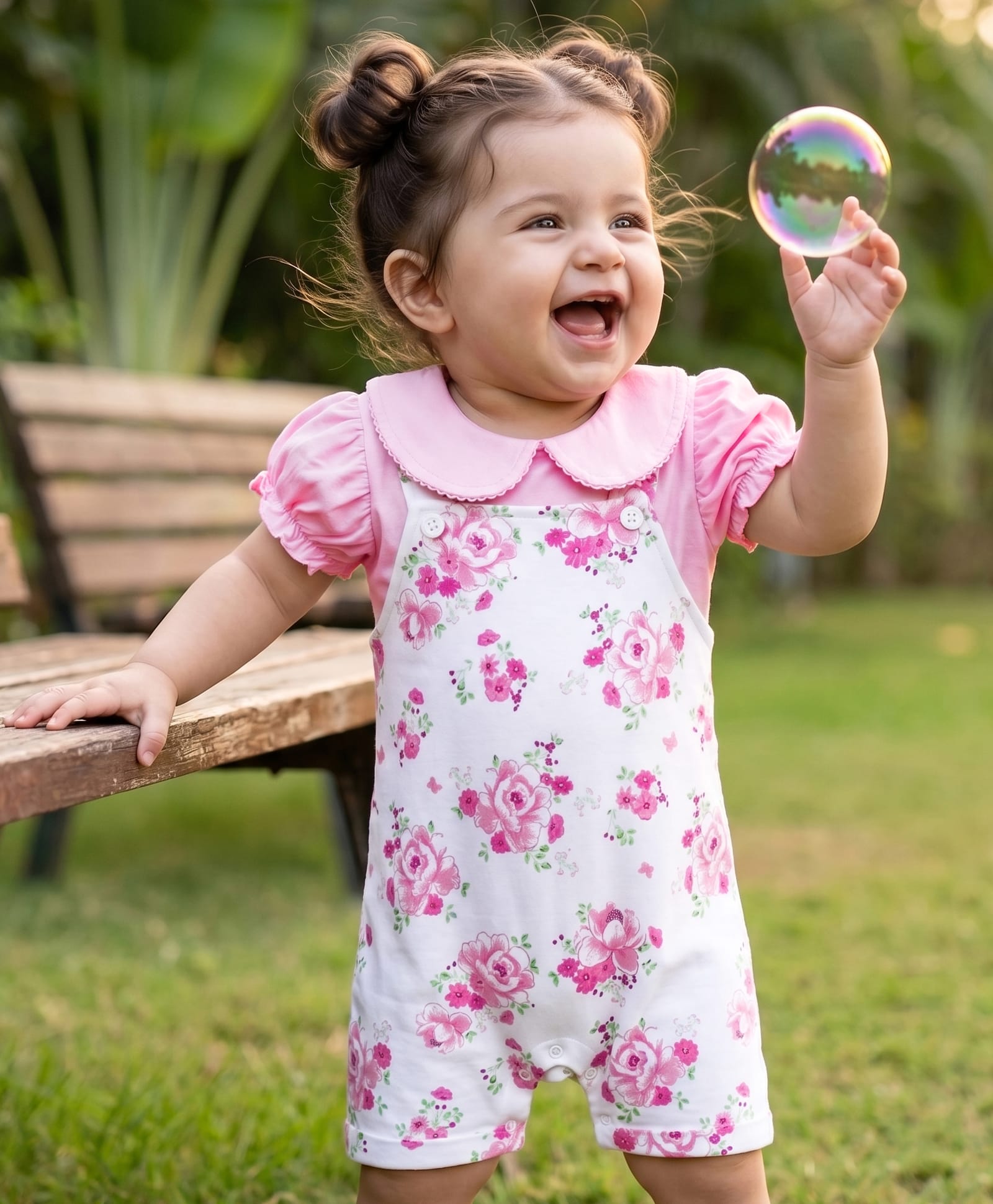 Babyhug Single Jersey Knit Half Sleeves Romper Style Dungaree & Peter Pan Collared T-Shirt With Floral Print - Pink & White-image-0
