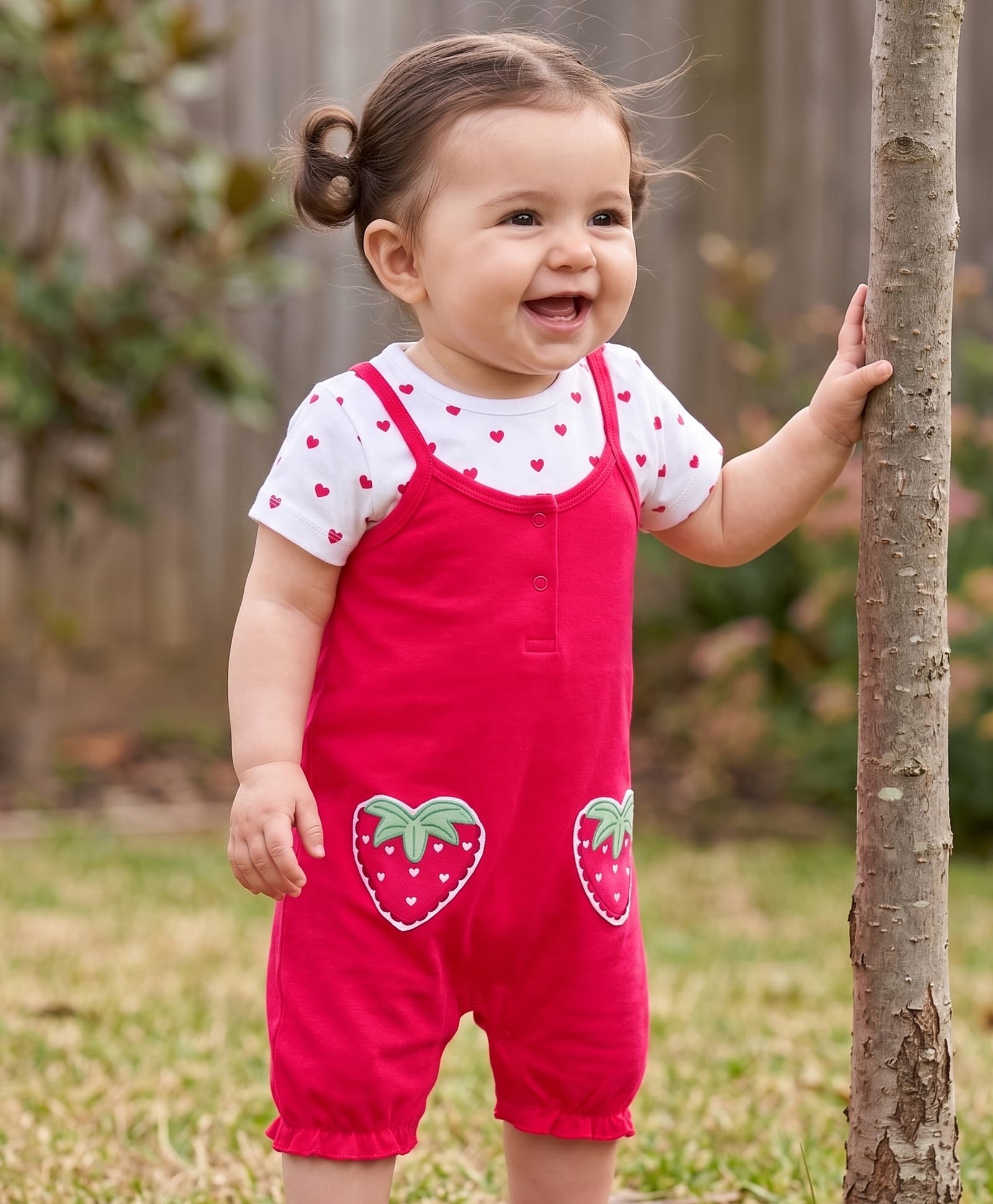 Babyhug Single Jersey Knit Half Sleeves Heart Printed Tee & Dungaree with Strawberry Patch - Dark Pink & White-image-30