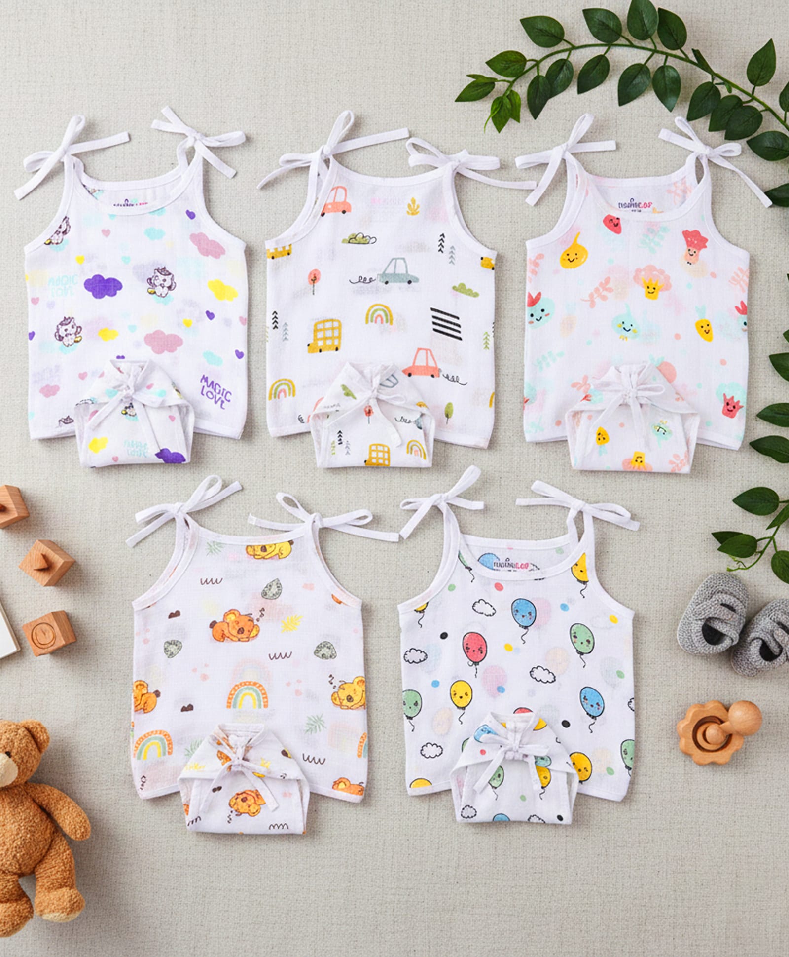 MumsLap Muslin Woven Pack Of 5 Sleeveless Animal Vehicles & Rainbow Printed Jhablas With Nappies - White-picture-44