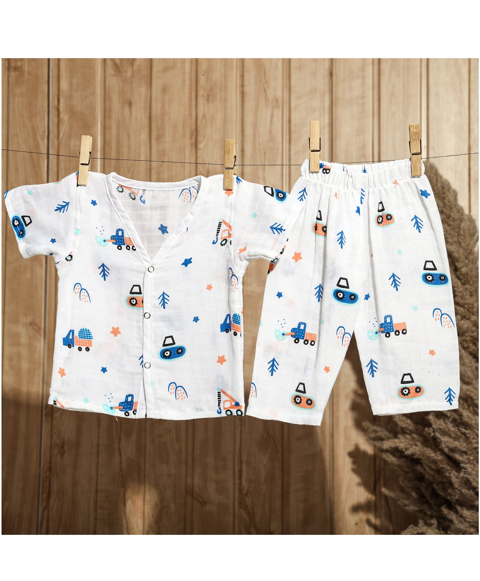 MumsLap Pure Muslin Woven Half Sleeves Vehicles Printed Coordinating Shirt & Pants Set - White-picture-23