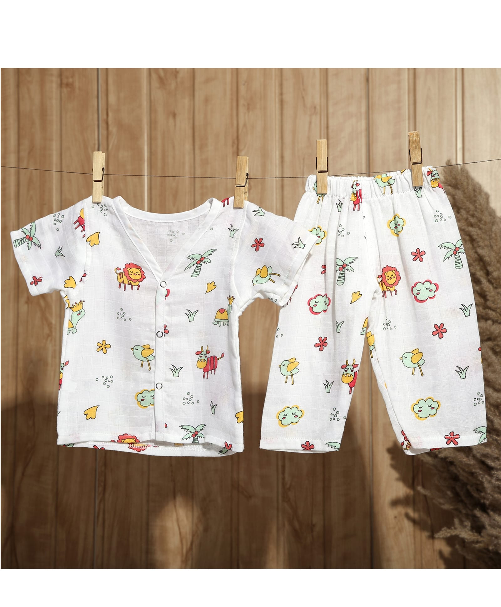 MumsLap Pure Muslin Woven Half Sleeves Animals Printed Coordinating Shirt & Pajama Set - White-picture-19