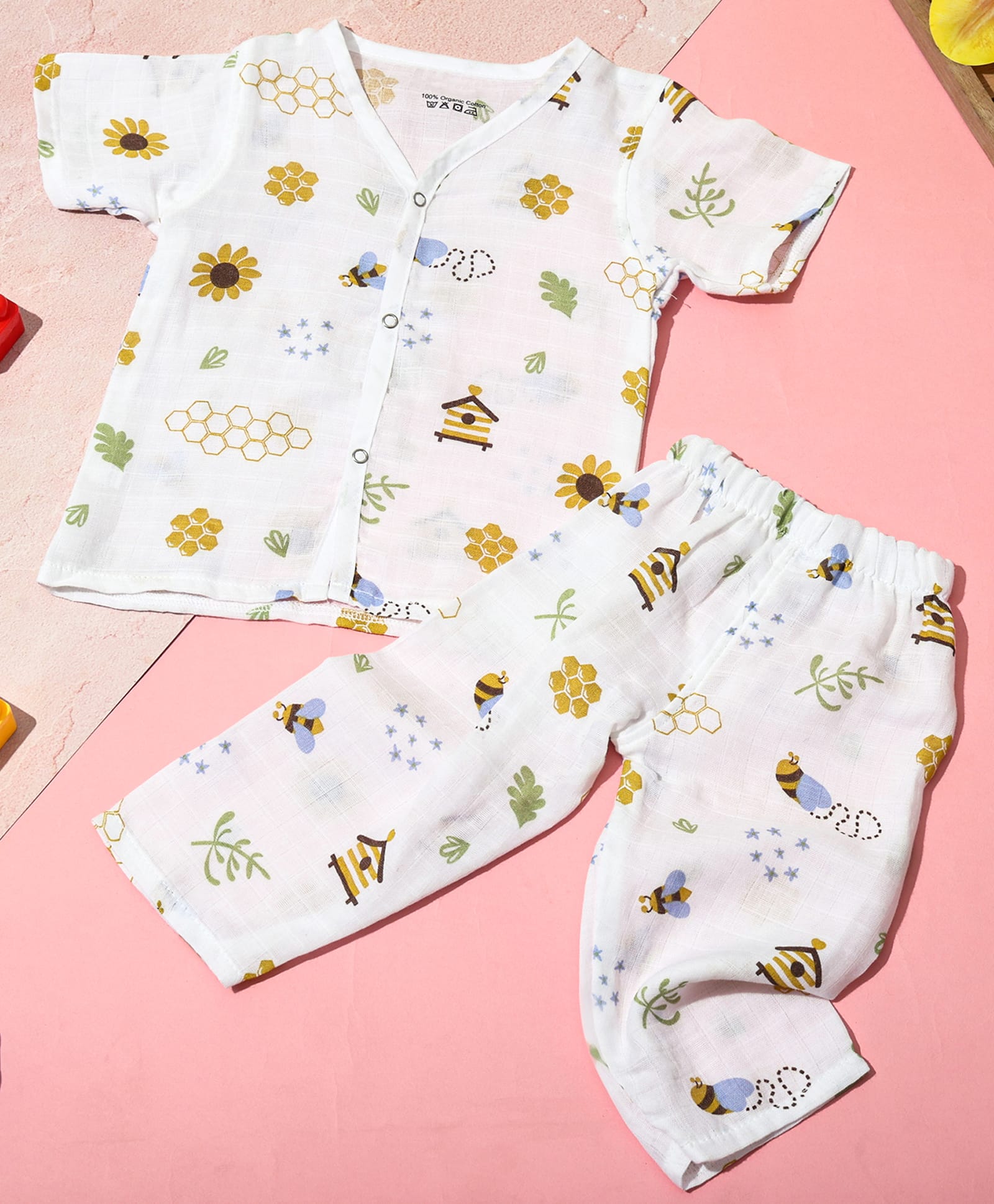 MumsLap Pure Muslin Woven Half Sleeves Bees & Floral Printed Coordinating Shirt & Pajama Set - White-picture-27
