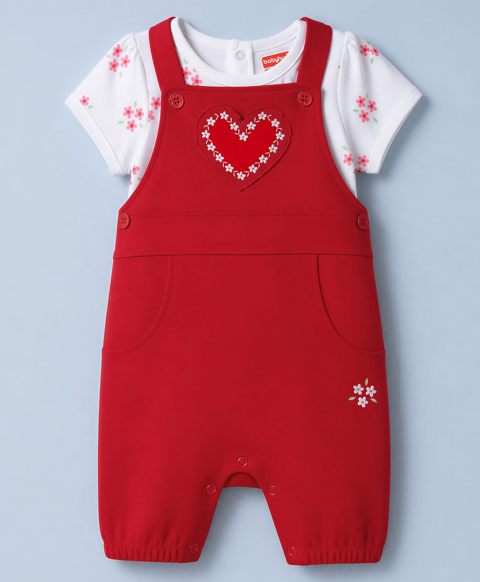 Babyhug Single Jersey Knit Heart Embroidered Dungaree With Half Sleeves Floral Printed Tee - White-image-35