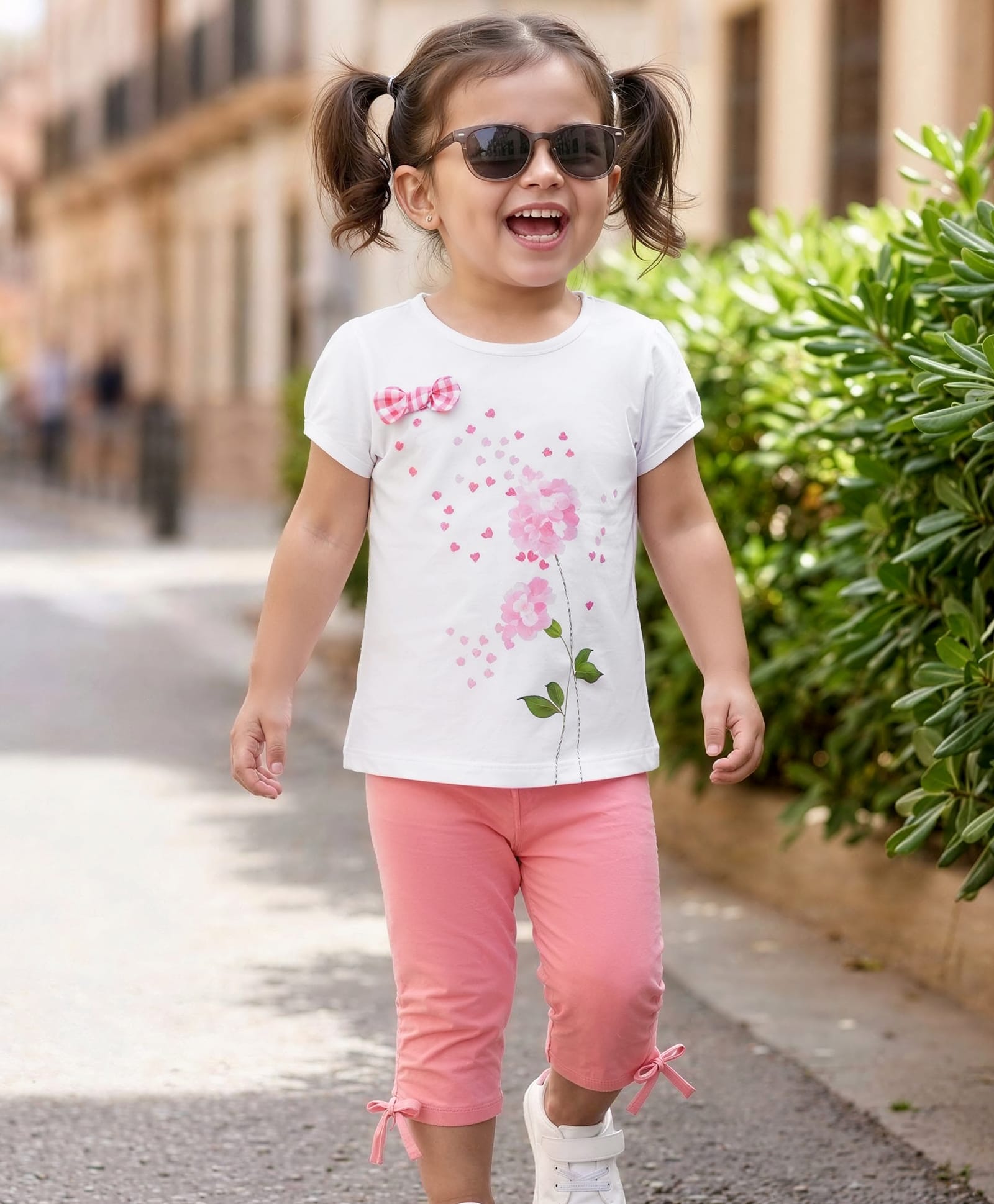 Babyhug Single Jersey Half Sleeves Top & Pyjama Set With Floral Print & Applique - White & Pink-image-3