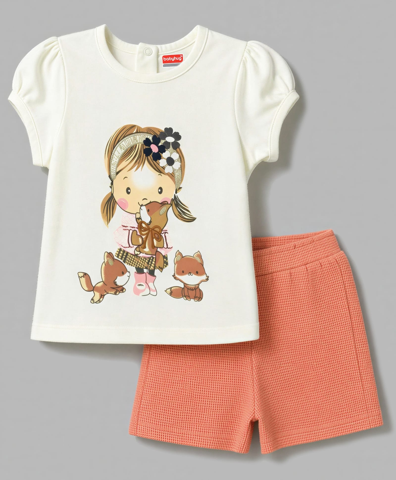 Babyhug Single Jersey Knit Half Sleeves Top and Textured Shorts With Doll Graphic - White-picture-15