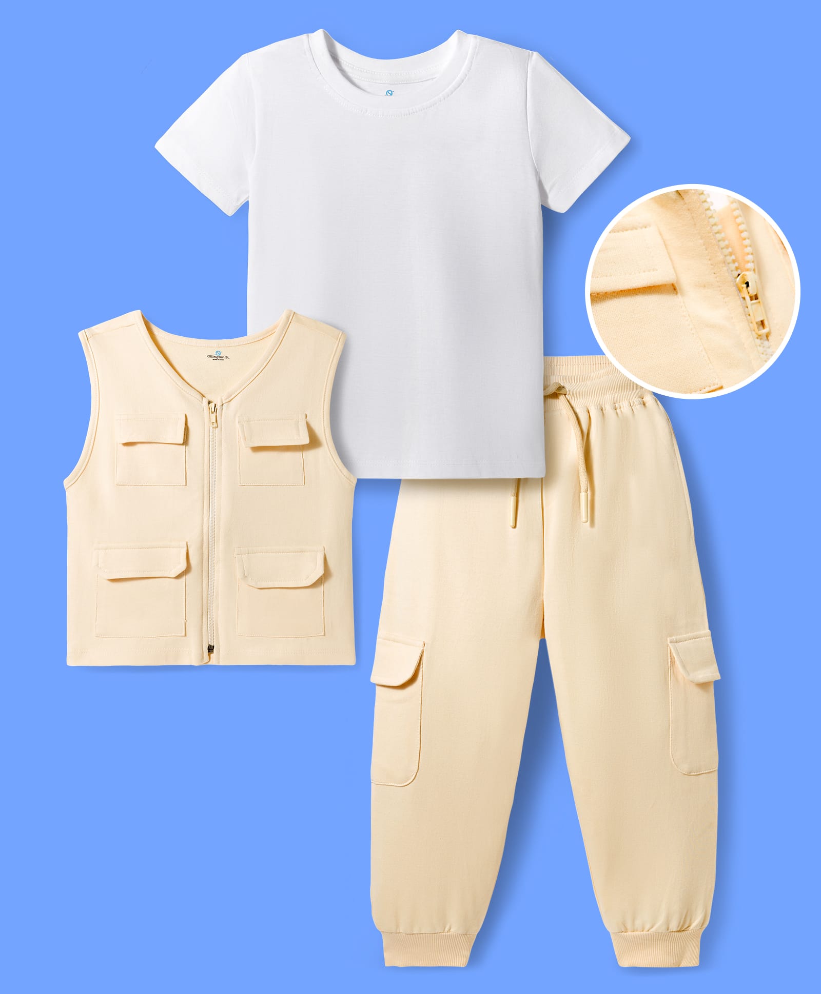 OLLINGTON ST. Cotton Knit Sleeveless Jacket With Inner Tee & Joggers Set - Beige-image-43