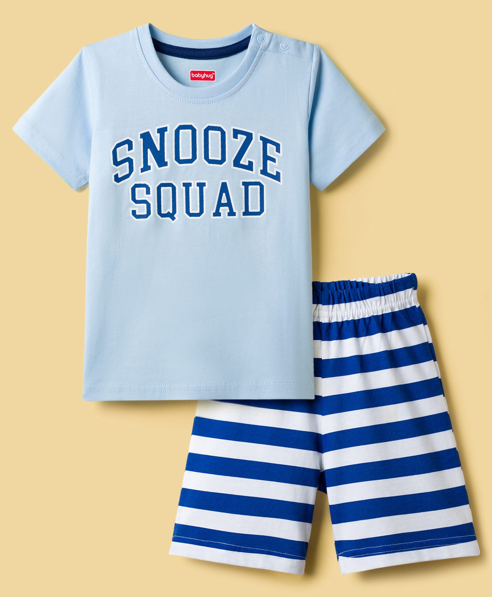 Babyhug Cotton Knit Half Sleeves T-Shirt & Striped Shorts Night Suit With Text Print - Blue-image-48