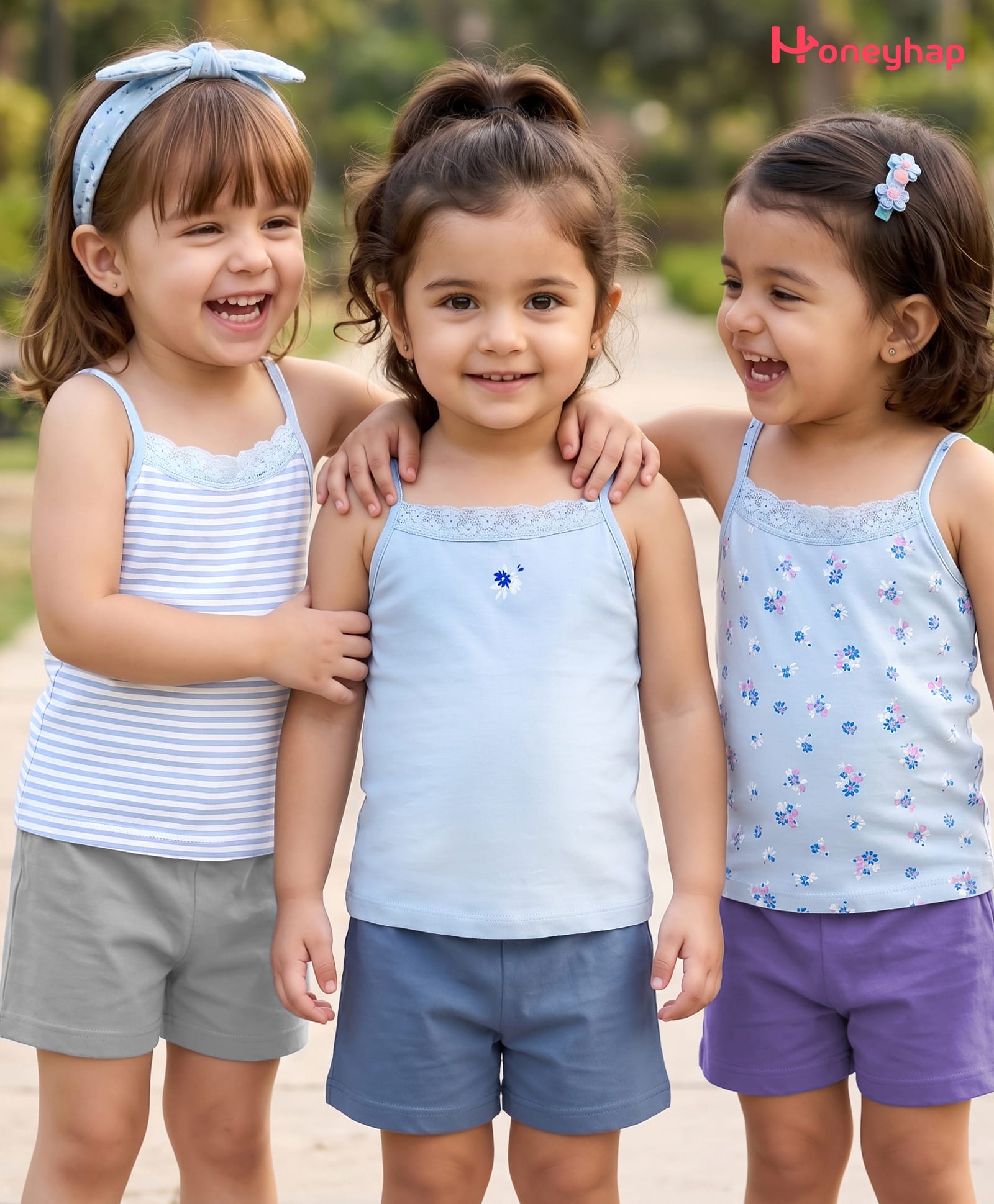 Honeyhap Premium Cotton Elastane Knit With Bio Finish Sleeveless Striped & Floral Printed Slips Pack of 3 - Dutch Canal & Bright White-image-27
