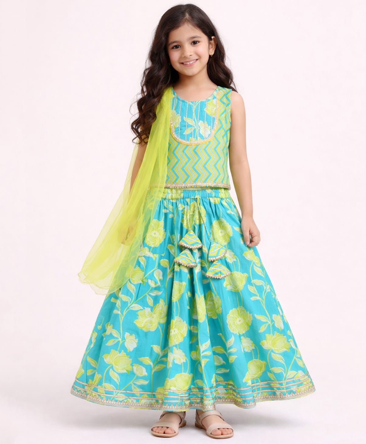 The Magic Wand Cotton Woven Sleeveless Gota Lace Embellished Chevron & Floral Printed Lehenga Choli Set With Dupatta - Green-image-46