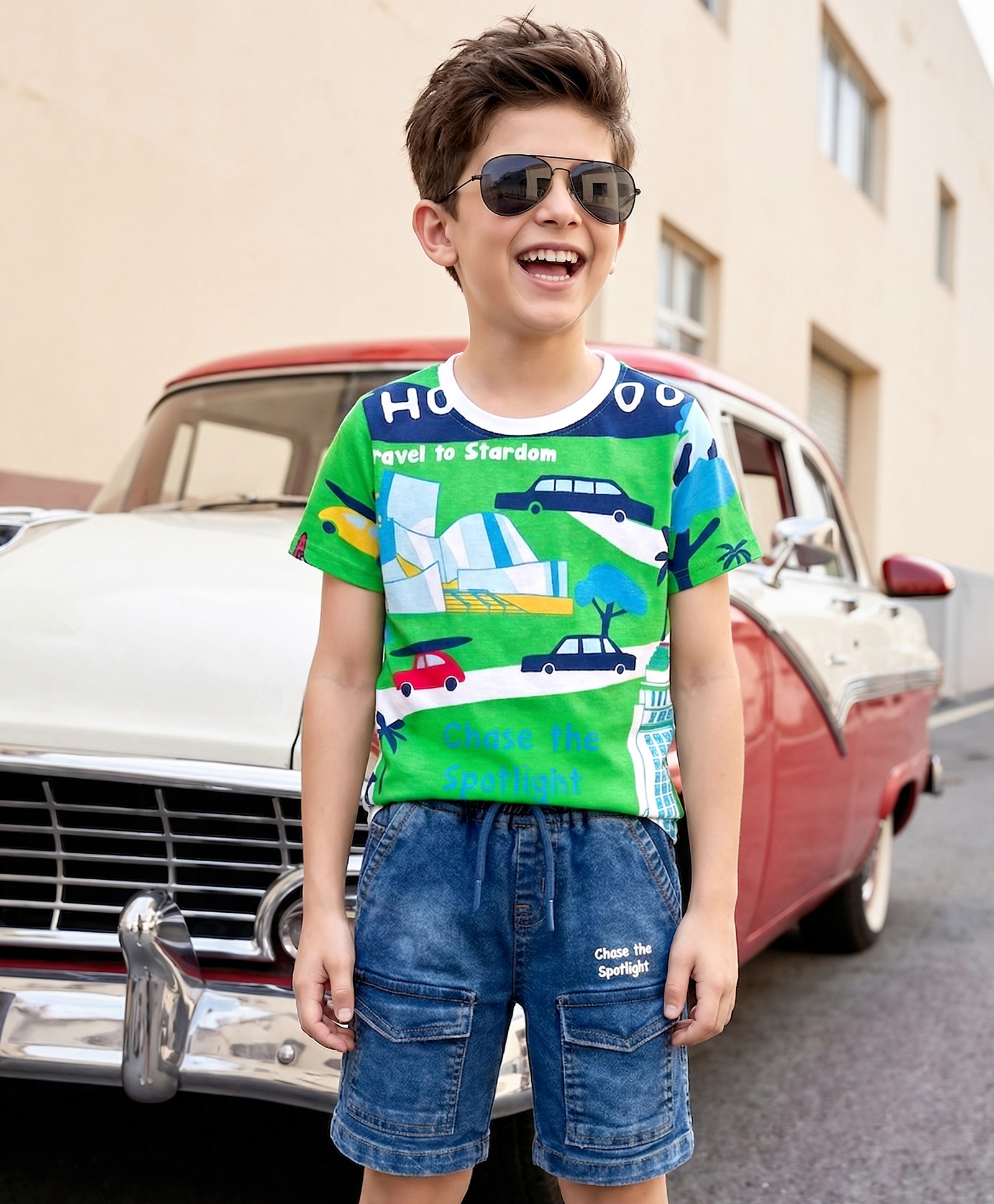 OLLINGTON ST. Cotton Knit Half Sleeves Printed T-Shirt & Stretchable Denim Shorts Set - Multicolour & Indigo-picture-18