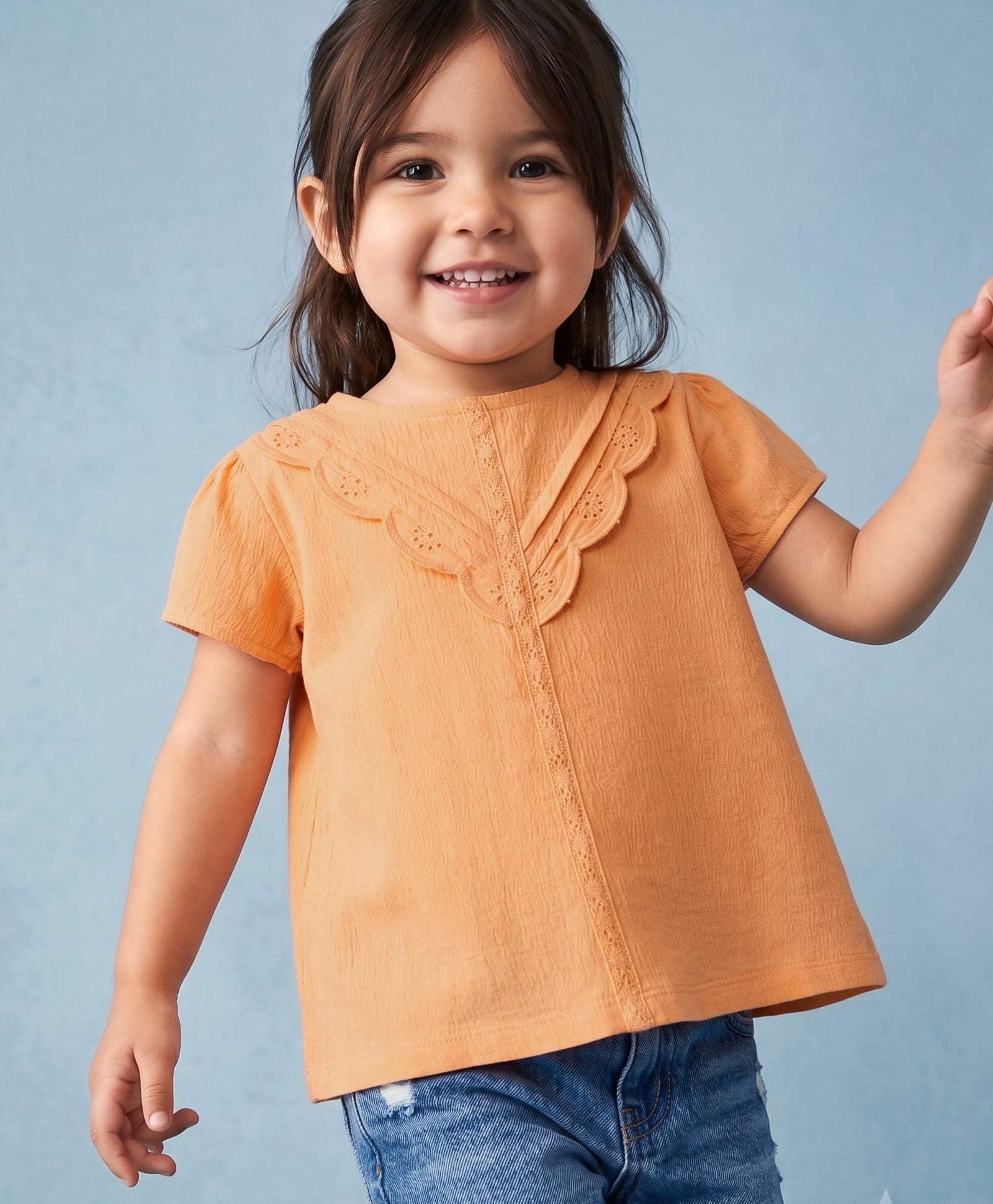 Babyhug Crinkled Crepe Half Sleeves Top With Schiffli Detailing - Orange-image-21