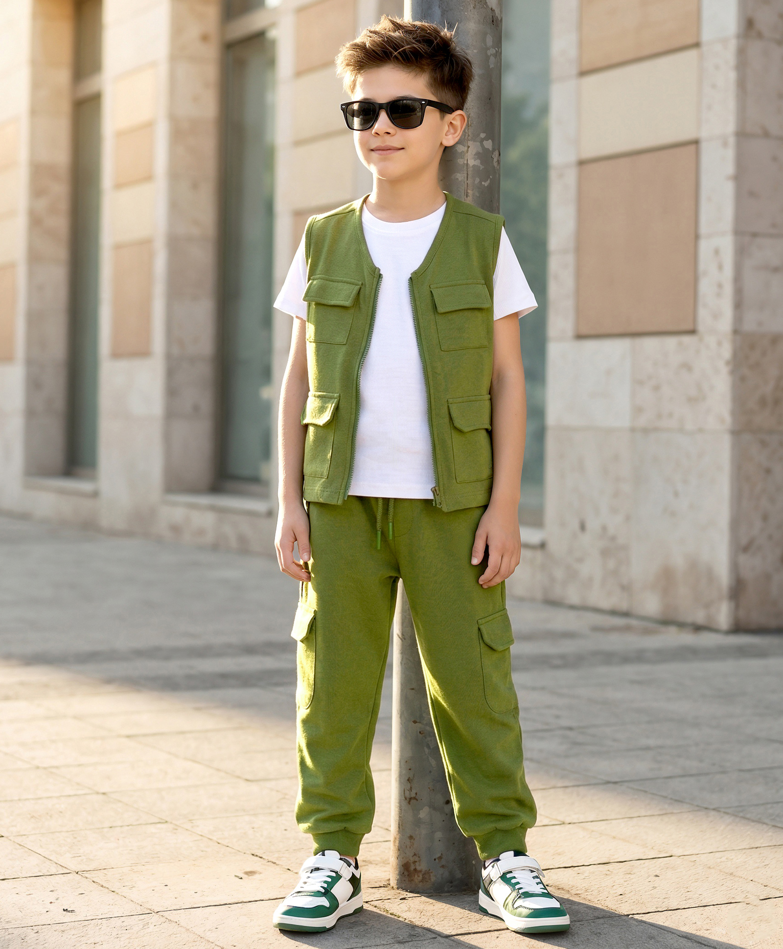 OLLINGTON ST.Cotton Knit Sleeveless Solid Jacket With Inner Tee & Joggers - Olive Green-image-41