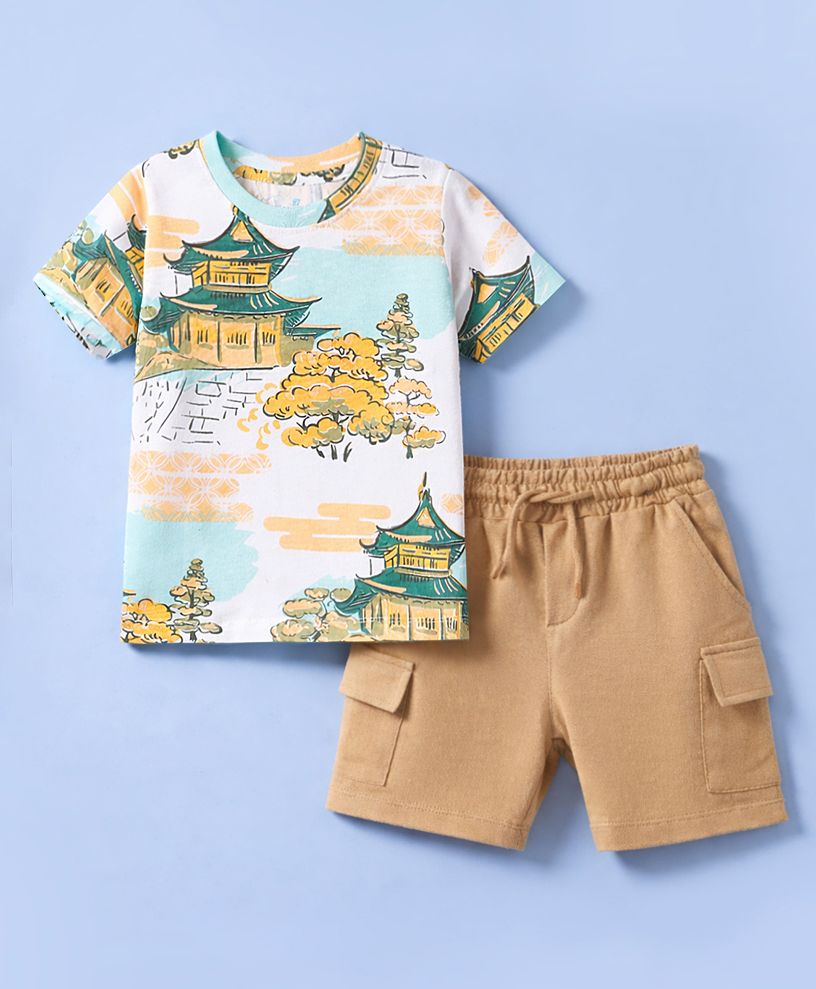 OLLINGTON ST. Cotton Knit Half Sleeves Printed T-Shirt & Shorts Set - Multicolour & Brown-image-30
