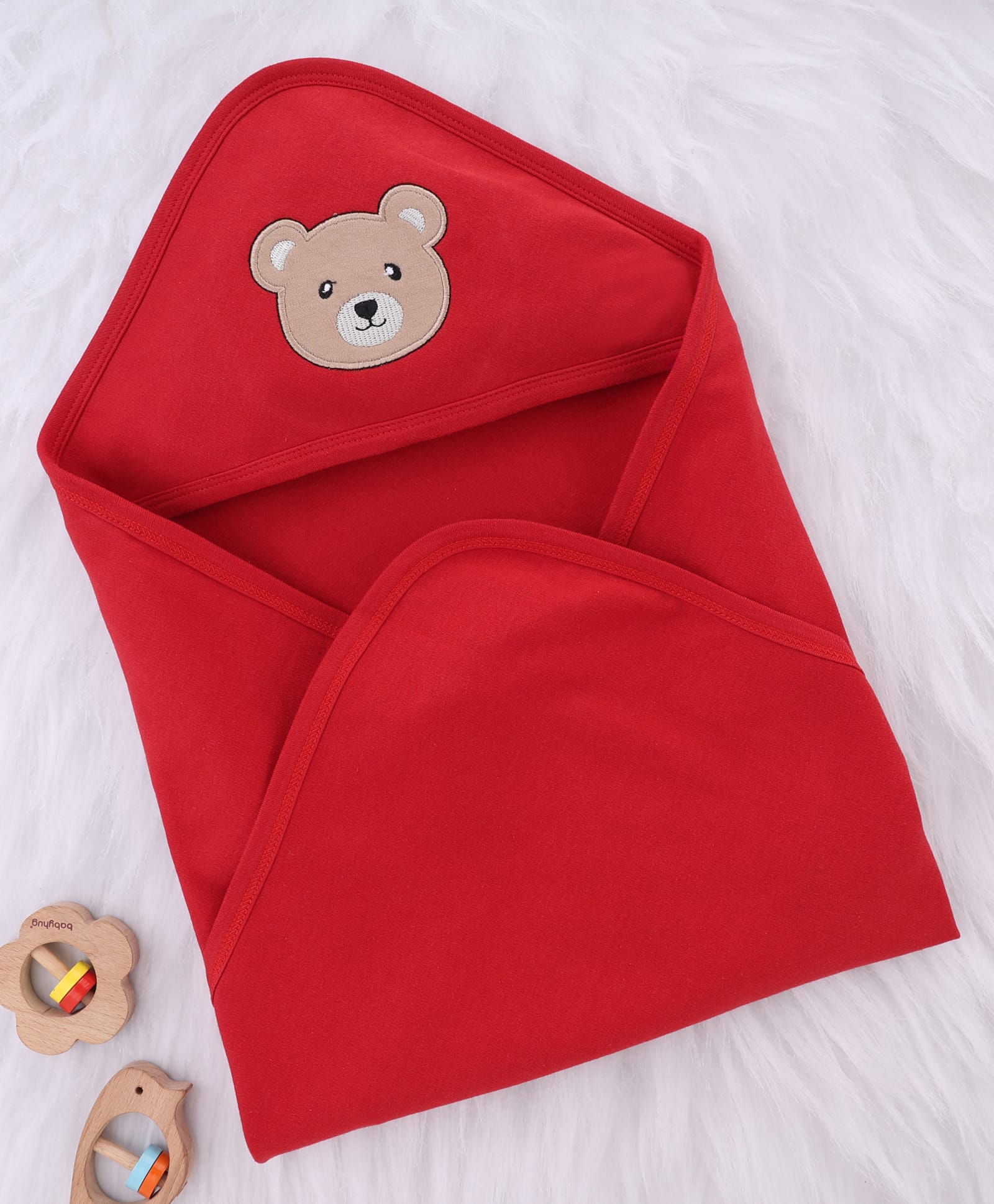 Babyhug Interlock Knit Hooded Towel with Animal Embroidery L 76 x B 76 cm - Red-image-24