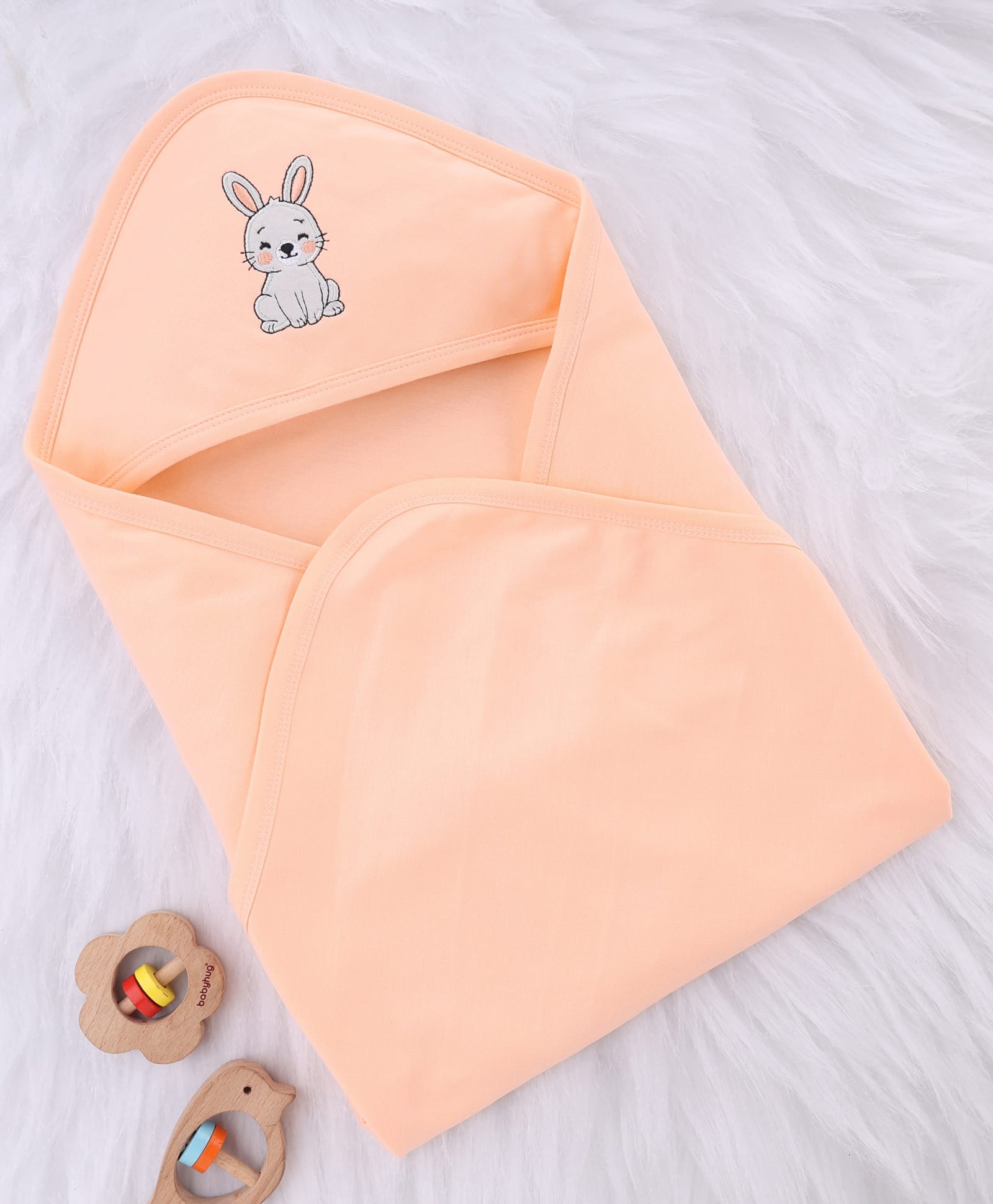 Babyhug Interlock Knit Hooded Towel with Animal Embroidery L 76 x B 76 cm - Peach-picture-11