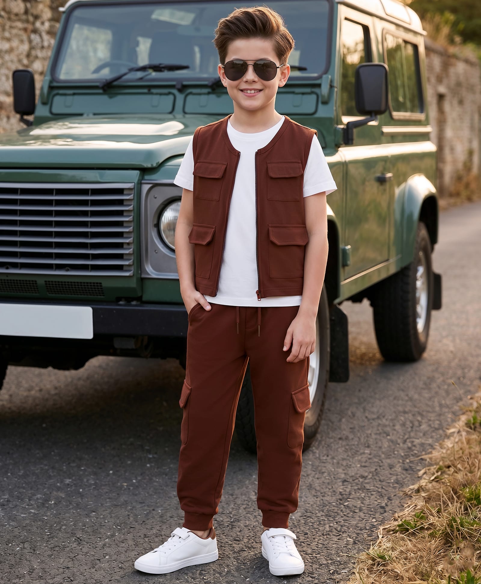 OLLINGTON ST. Cotton Knit Sleeveless Solid Jacket With Inner Tee & Joggers Set - Brown-image-11