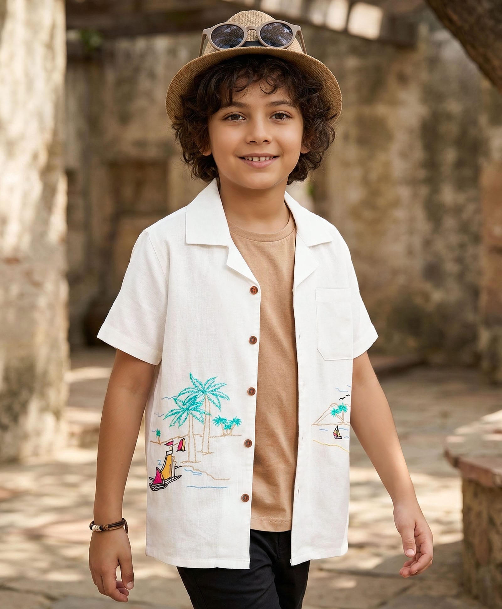 Arias Woven Half Sleeves Shirt with Tree Embroidery & Inner Tee - White-image-44