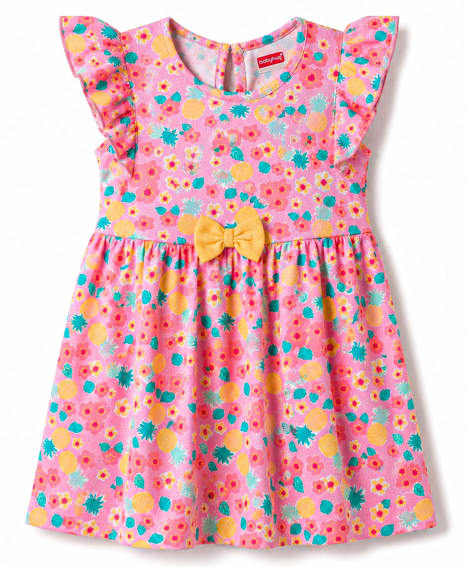 Babyhug Single Jersey Knit Half Sleeves Frock with Floral Print & Bow Applique - Peach-image-34