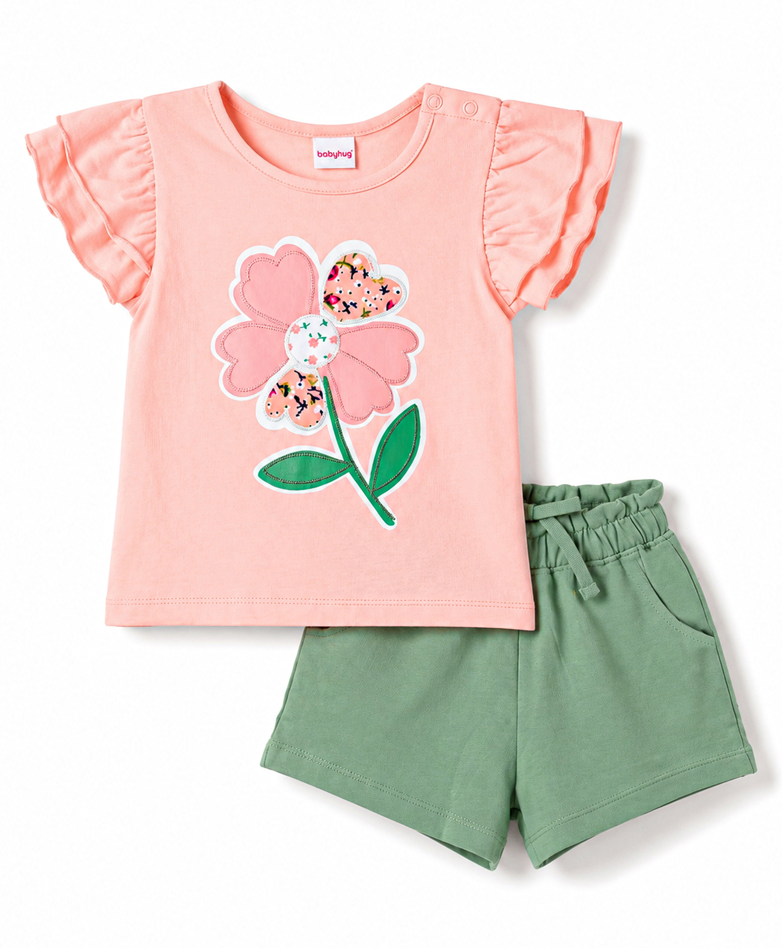 Babyhug Single Jersey Knit Frill Sleeves Top & Shorts Set With Floral Print - Pink & Green-image-23