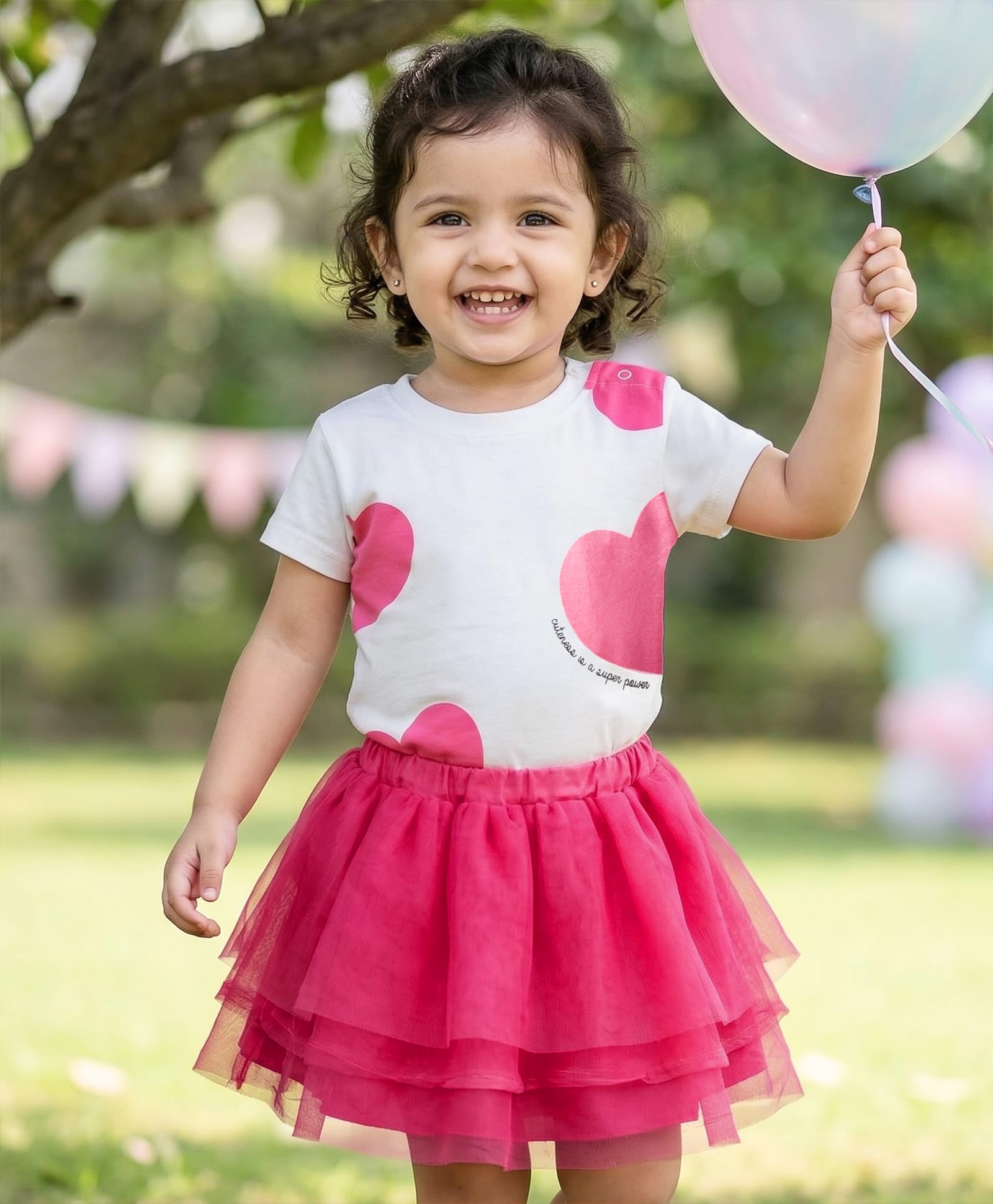 Babyhug Single Jersey Knit Half Sleeves Top & Skirt Set With Heart Print - White & Pink-image-28