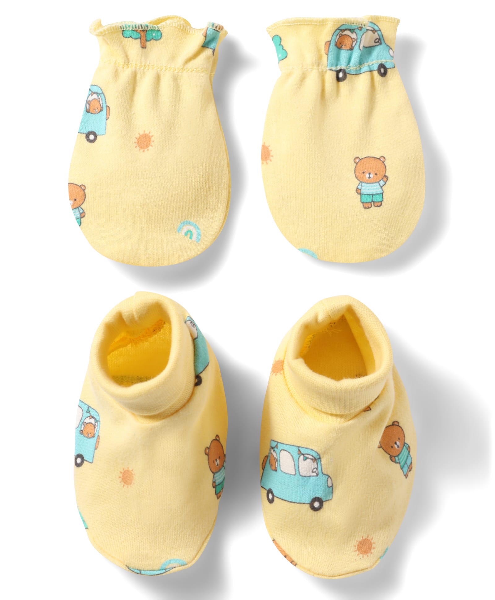 Babyhug 100% Cotton Knit Bear & Vehicles Printed Mittens & Booties Set - Yellow-image-19