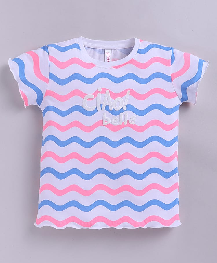 giniekids Pure Cotton Knit Half Sleeves Wavy Striped & Ciao Bella Text Puff Printed Top - Off White & Pink-picture-46