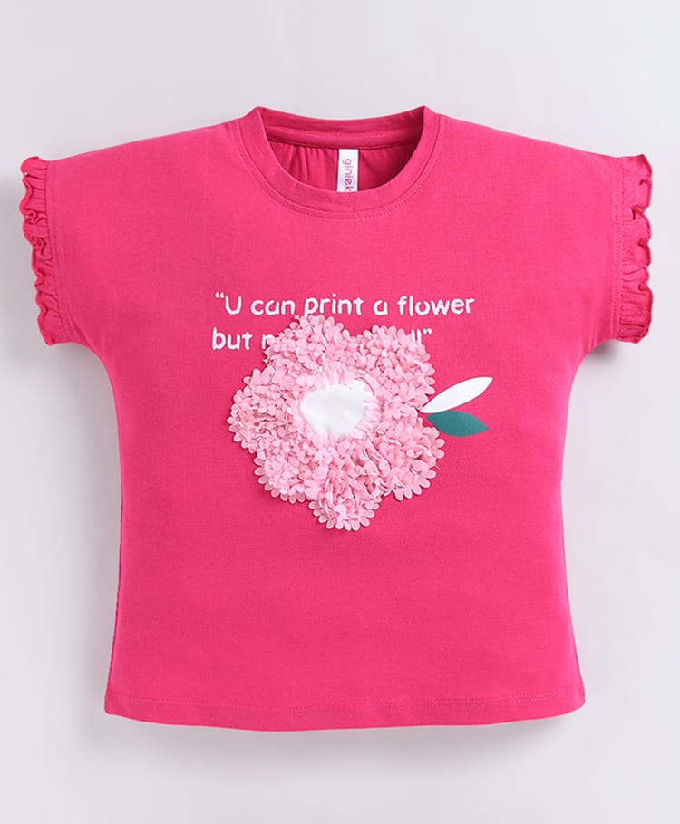 giniekids Pure Cotton Knit Half Sleeves Typography Printed & Floral Applique Detailed Top - Fuchsia Pink-picture-0