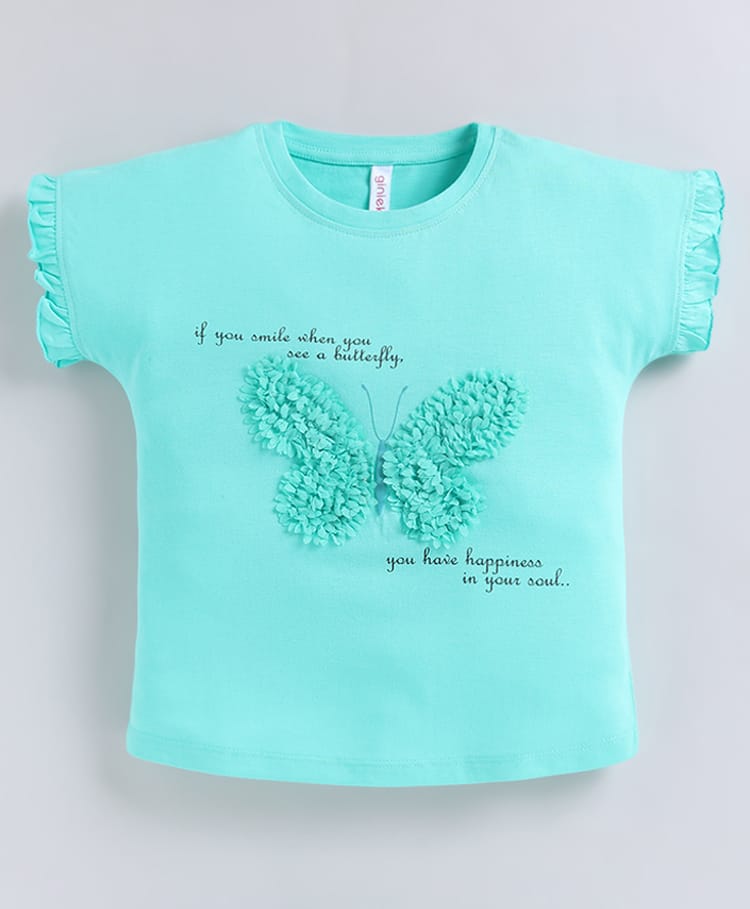 giniekids Pure Cotton Knit Half Sleeves Typography Printed & Butterfly Applique Detailed Top - Sea Green-image-33