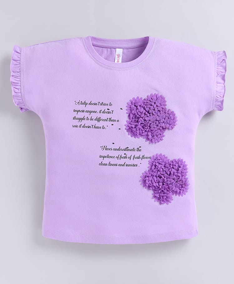 giniekids Pure Cotton Knit Half Sleeves Floral Applique Detailed & Typography Printed Top - Lavender-picture-49