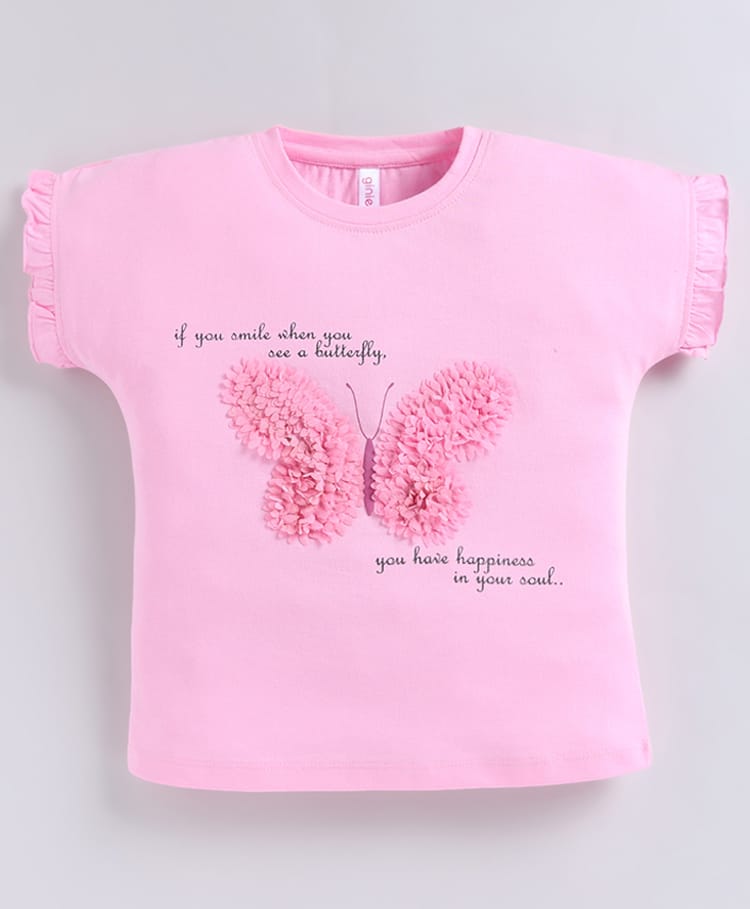 giniekids Pure Cotton Knit Half Sleeves Butterfly Applique Detailed & Typography Printed Top - Pink-picture-3