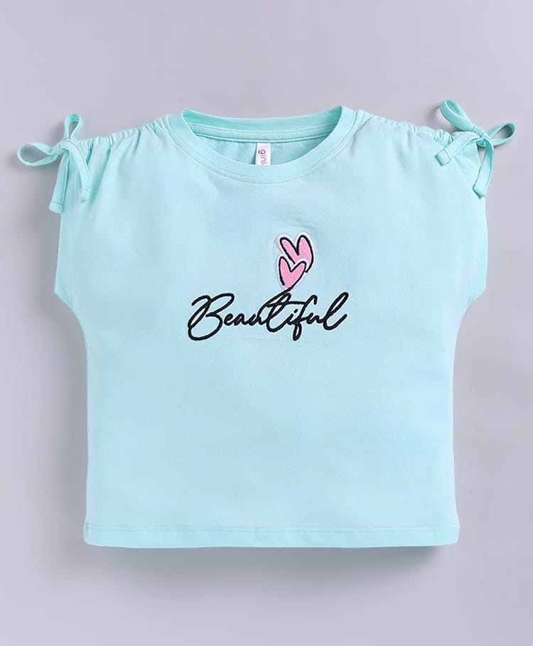 giniekids Pure Cotton Knit Half Sleeves Beautiful Text Printed Top - Aqua-image-34