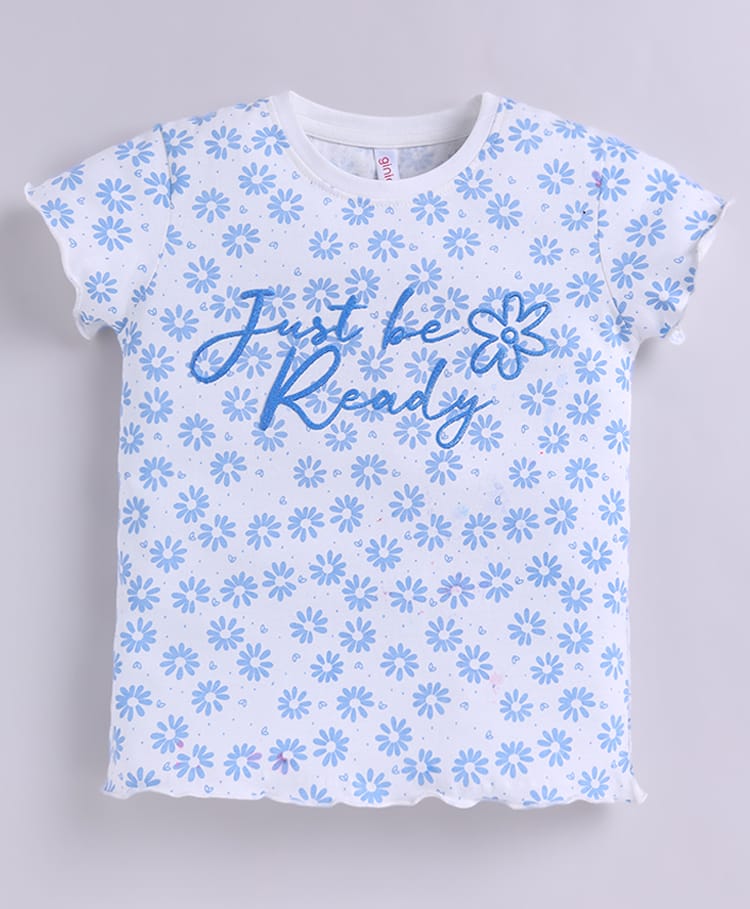 giniekids Pure Cotton Knit Half Sleeves Floral & Just Be Ready Text Printed Top - Blue-picture-9