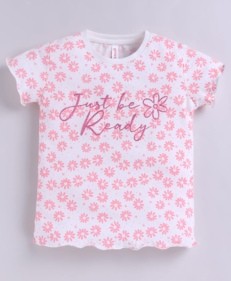 giniekids Pure Cotton Knit Half Sleeves Floral & Just Be Ready Text Printed Top - Pink-picture-16
