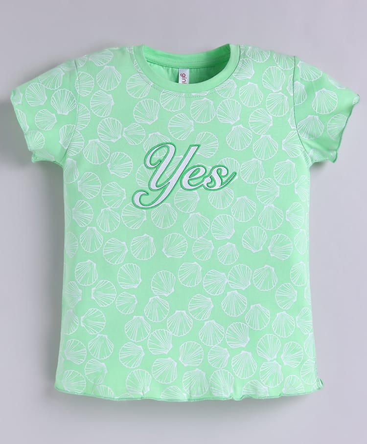 giniekids Pure Cotton Knit Half Sleeves Shell & Yes Text Printed Top - Green-image-11