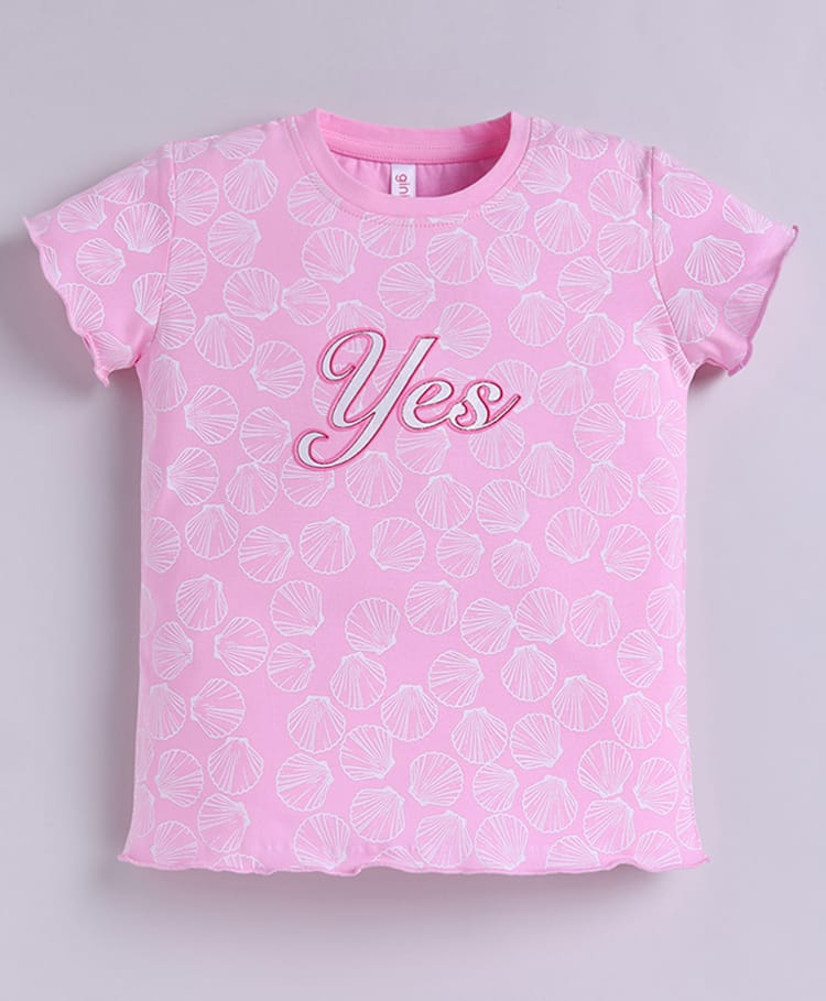 giniekids Pure Cotton Knit Half Sleeves Shell & Yes Text Printed Top - Pink-picture-45
