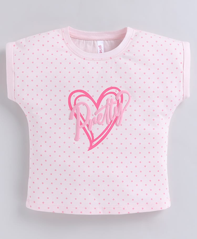 giniekids Pure Cotton Knit Half Sleeves Pretty Text & Polka Dots Printed Top - Baby Pink-image-9
