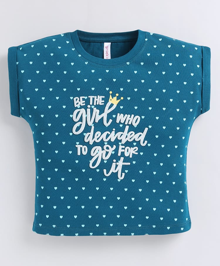 giniekids Pure Cotton Knit Half Sleeves Polka Dots & Be The Girl Who Decided To Go For It Text Printed Top - Teal-picture-10