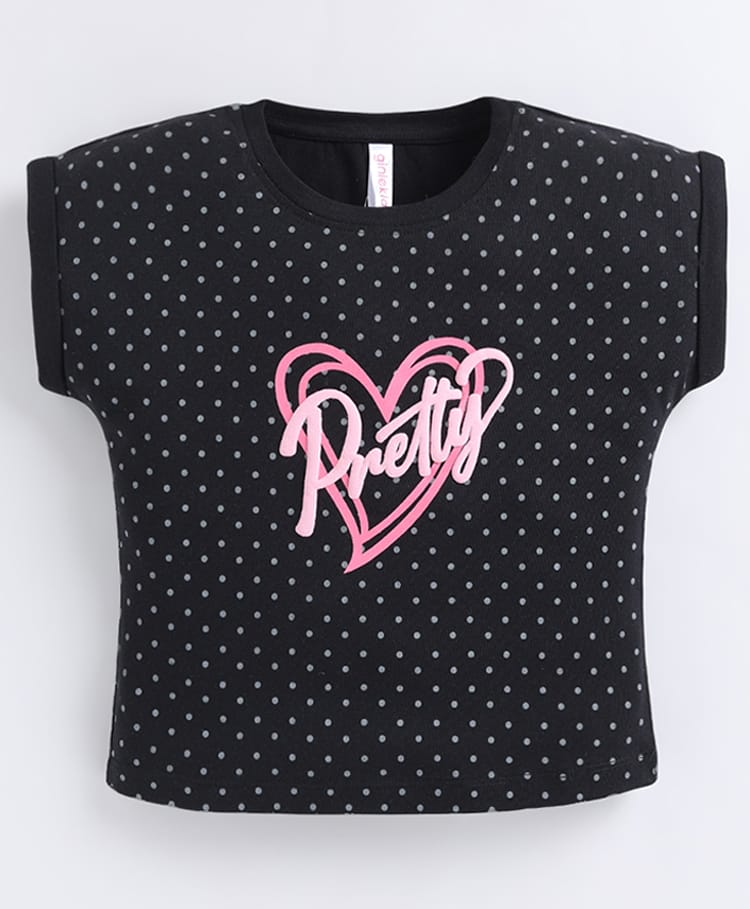 giniekids Pure Cotton Knit Half Sleeves Pretty Text & Polka Dots Printed Top - Black-picture-30