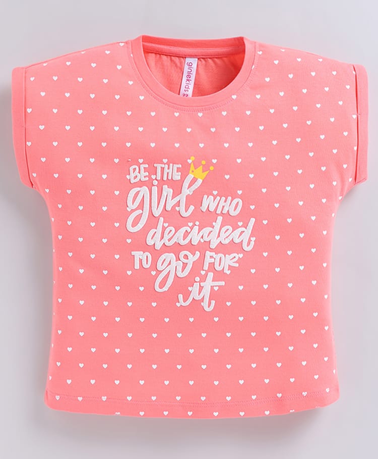 giniekids Pure Cotton Knit Half Sleeves Typography & Hearts Printed Top - Peach-picture-18