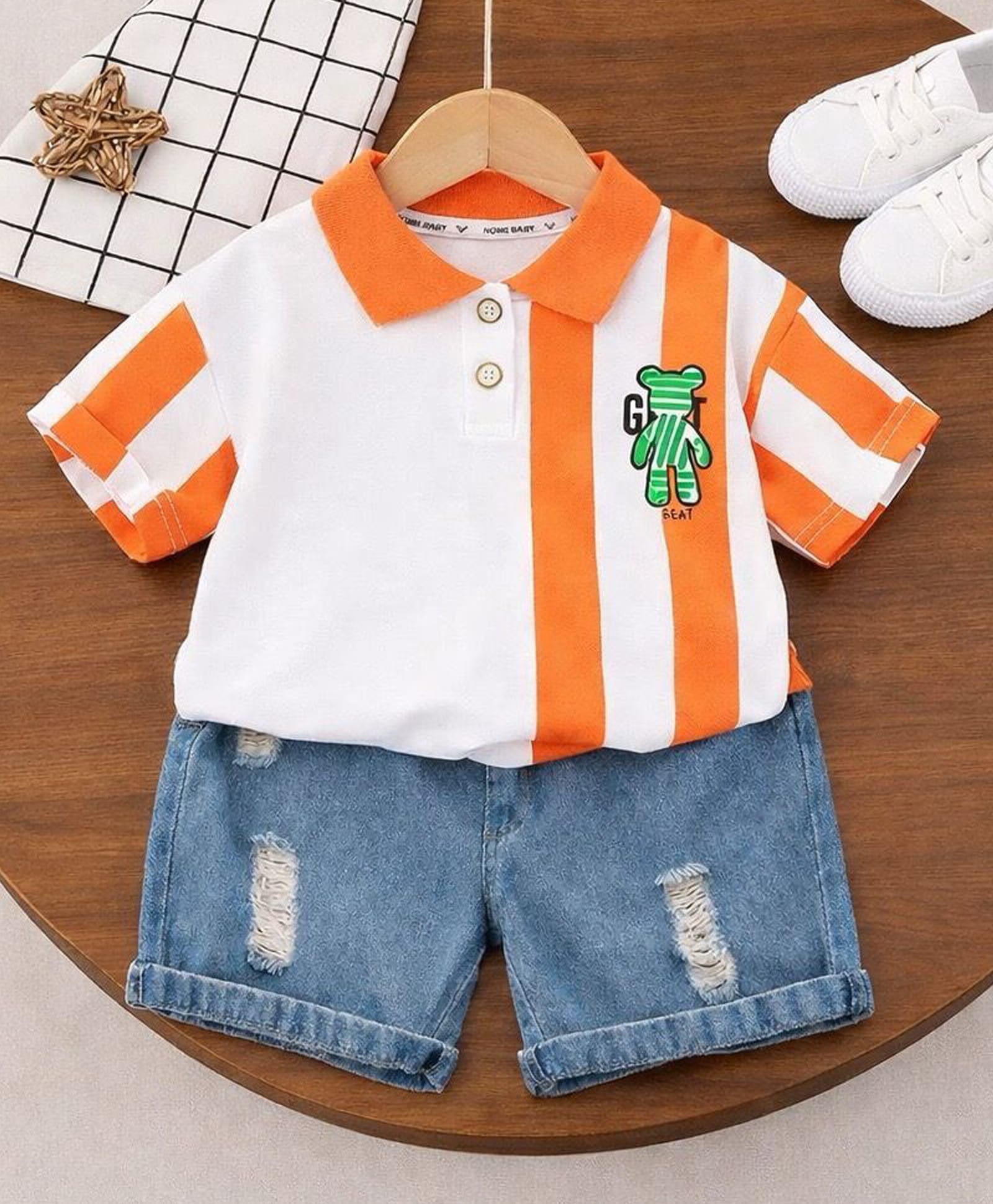POP STREET KIDS Cotton Blend Knit Half Sleeves Striped Polo Tee & Shorts Set - Orange-image-22
