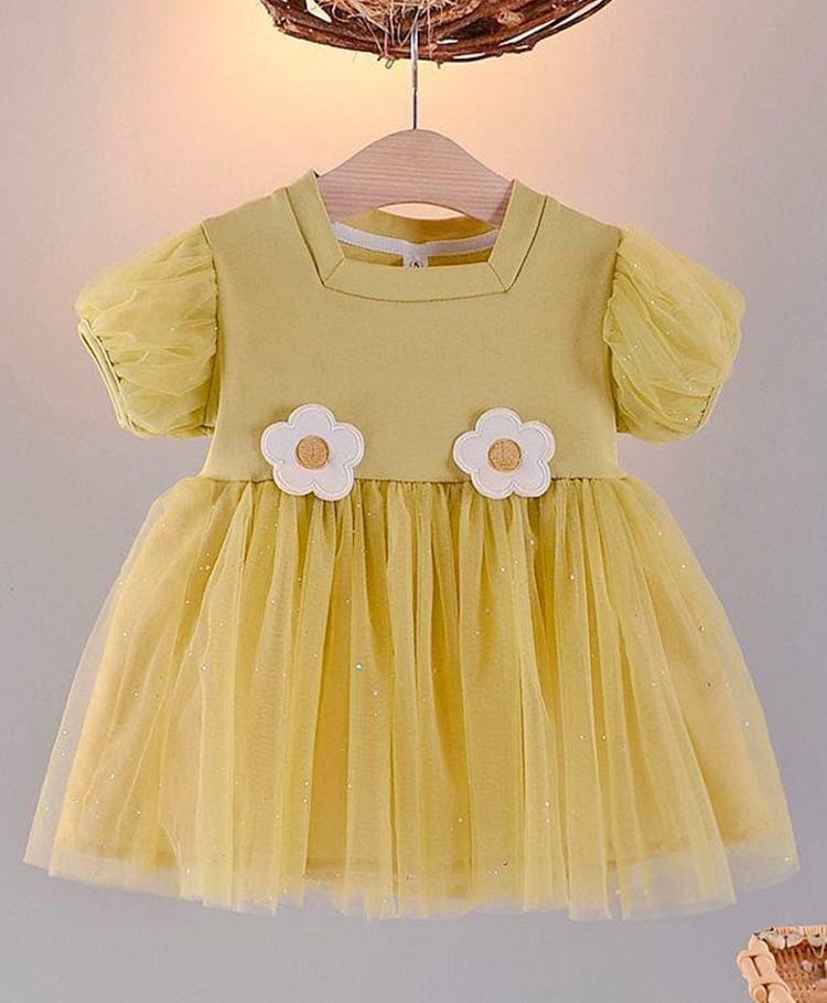 POP STREET KIDS Cotton Blend Woven Half Puffed Sleeves Floral Applique Detailed Dress - Yellow-image-9
